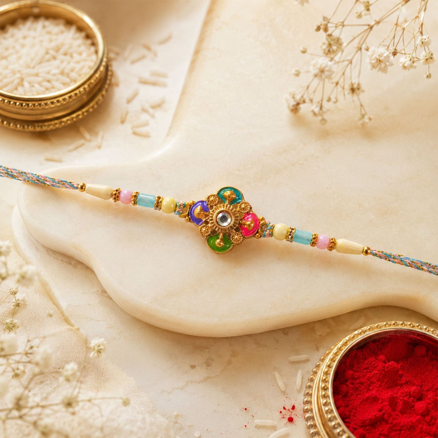 Detailed view of meenakari floral Rakhi with pastel accents