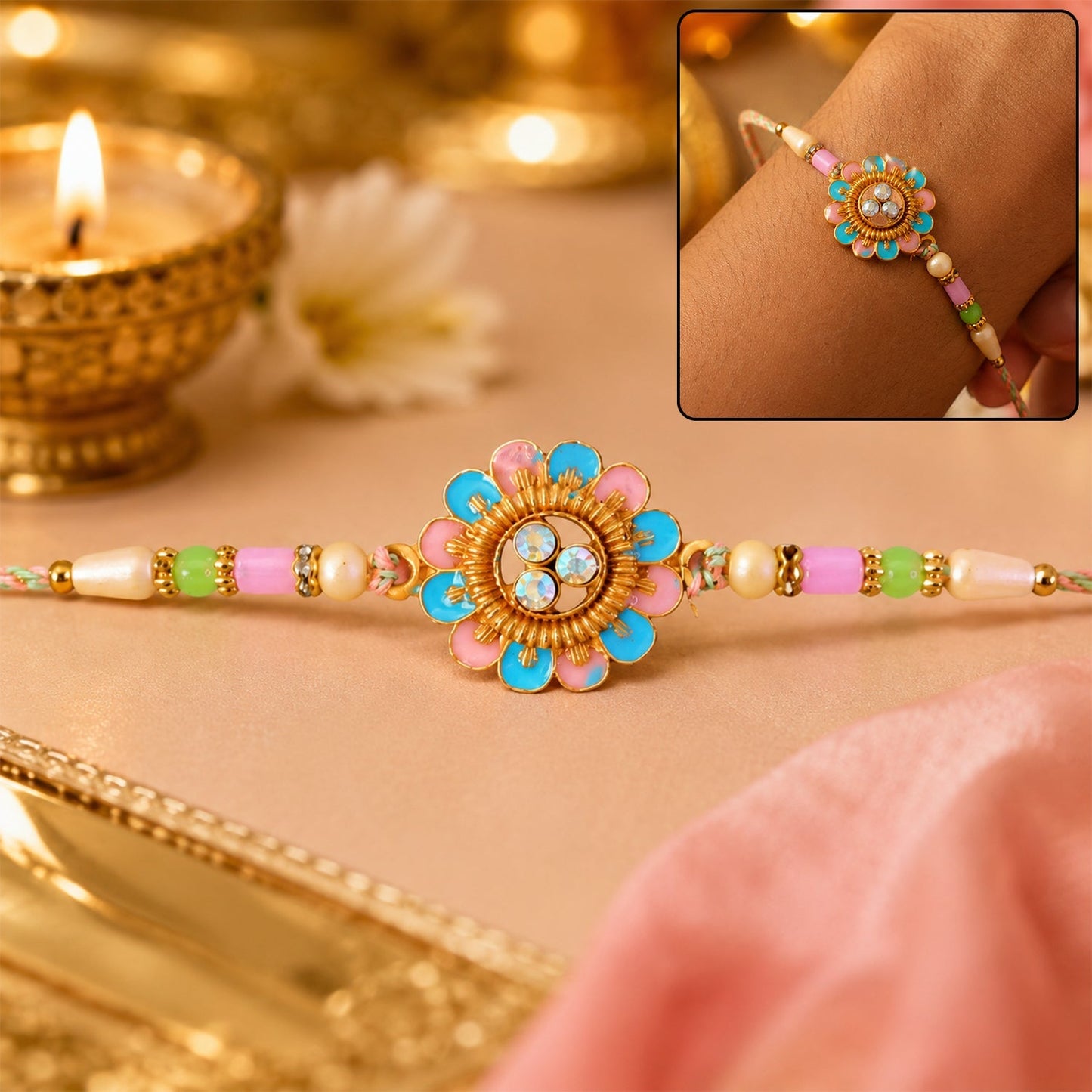 Beautiful Blue Pink Meenakari floral Rakhi with traditional design