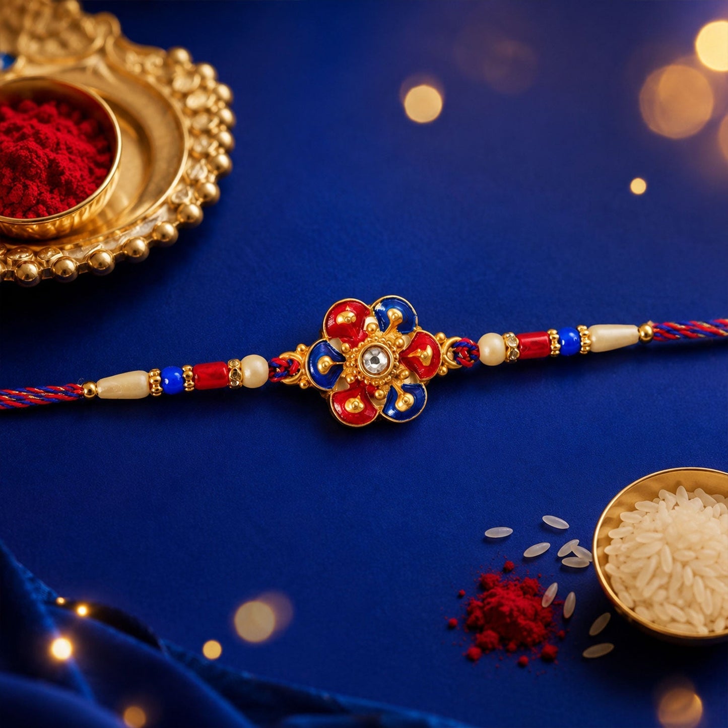Traditionally crafted meenakari flower Rakhi with vibrant colors