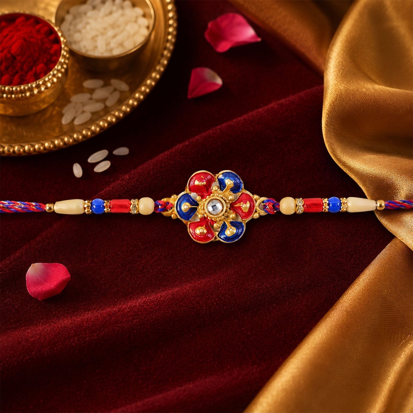 Elegant Rakhi with pearl beads and floral meenakari artistry