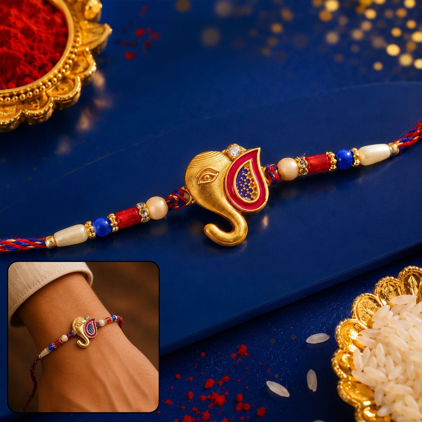Close-up of intricate meenakari beads on a decorative Rakhi