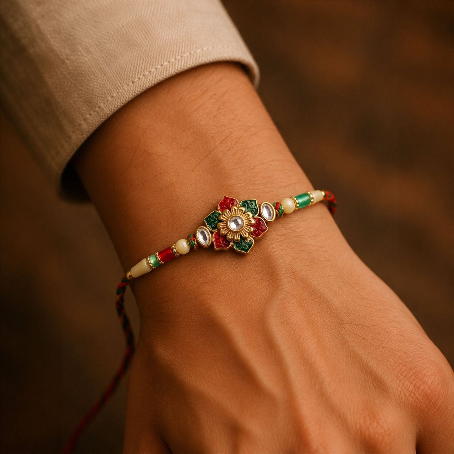 Elegant traditional Meenakari Kundan Rakhi for brother