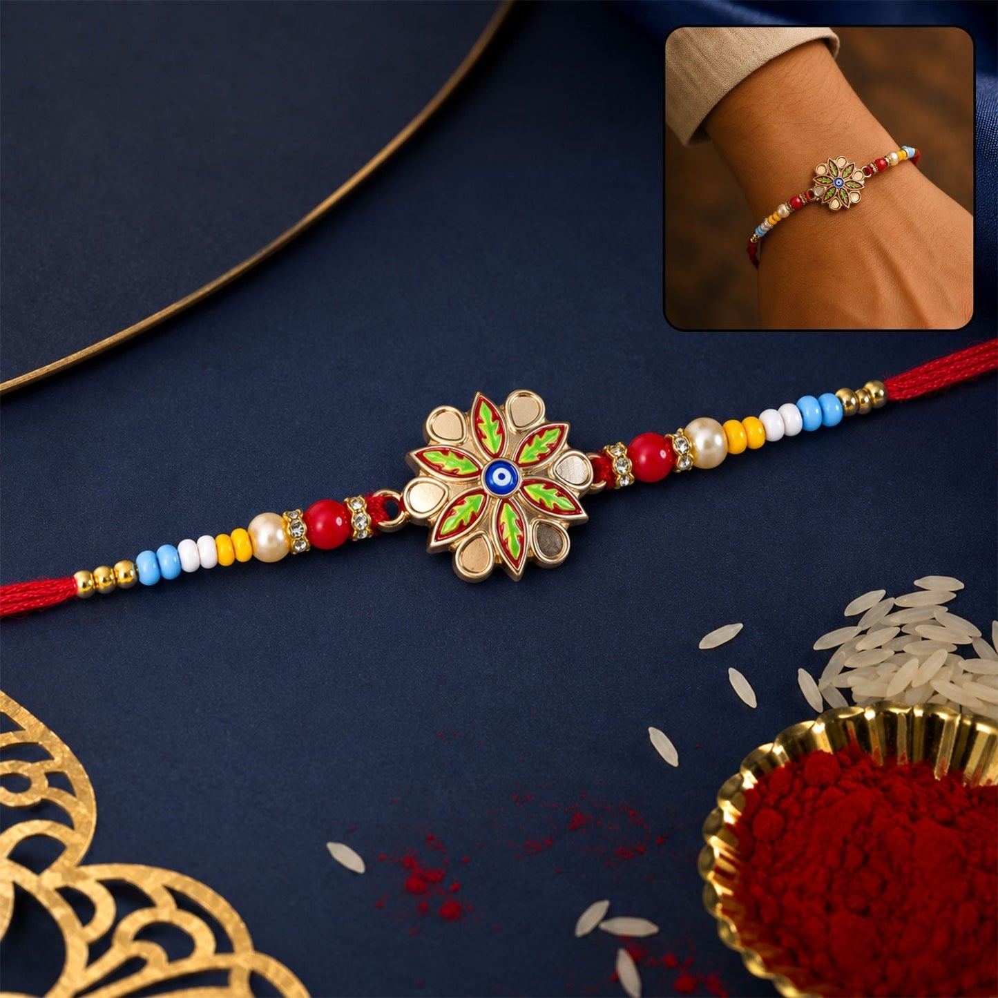 Golden Meenakari floral evil eye Rakhi for brother, beautifully displayed.