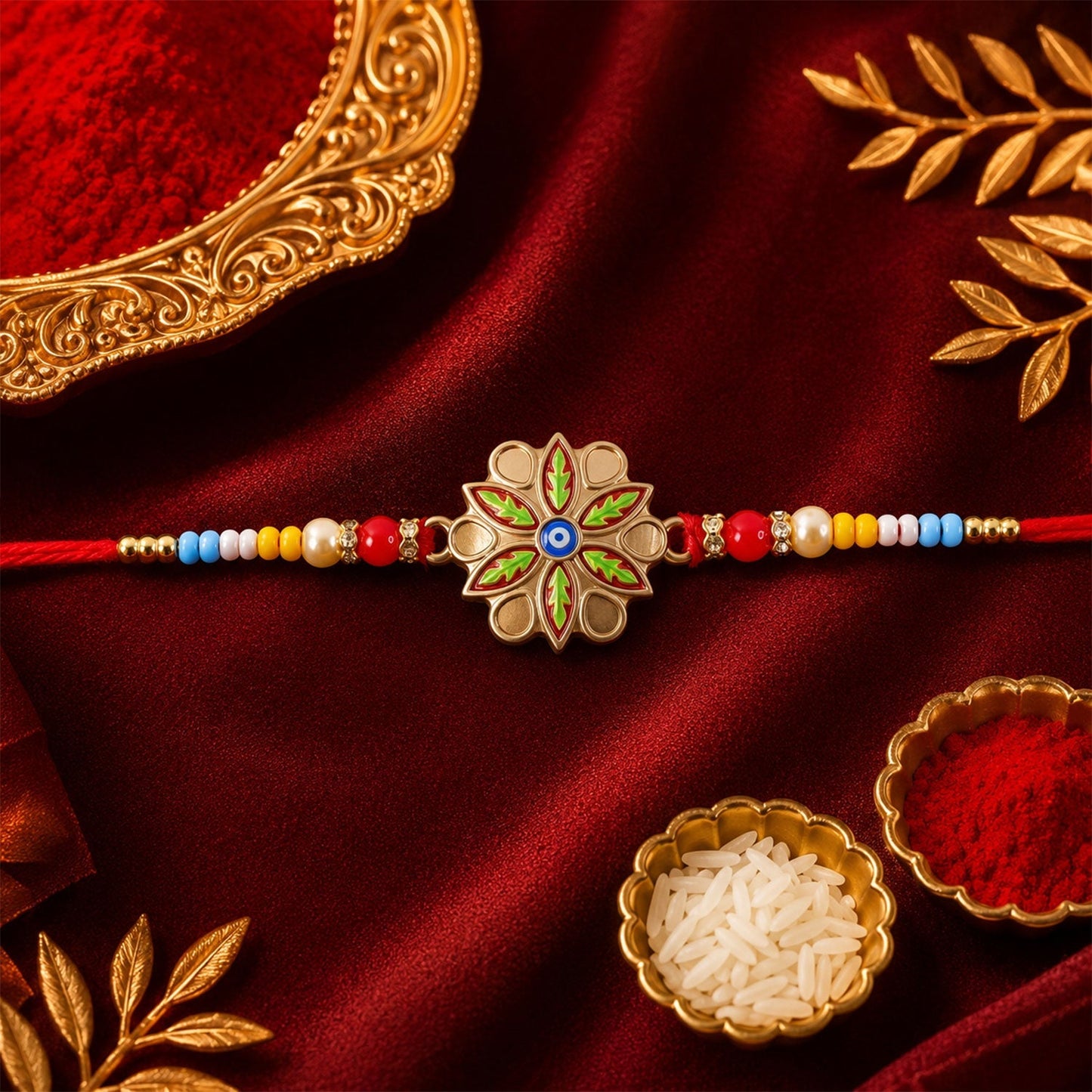Close-up of the elegant Golden Meenakari Rakhi with evil eye and beads.