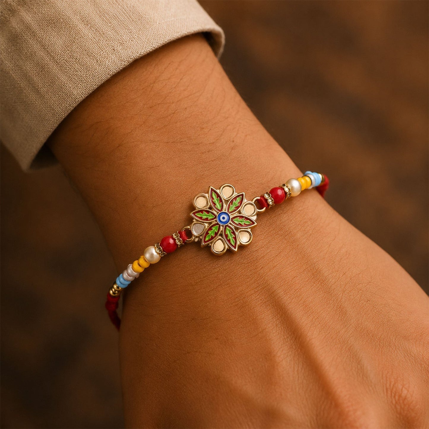 Intricate craftsmanship of the designer Rakhi showcasing traditional details.
