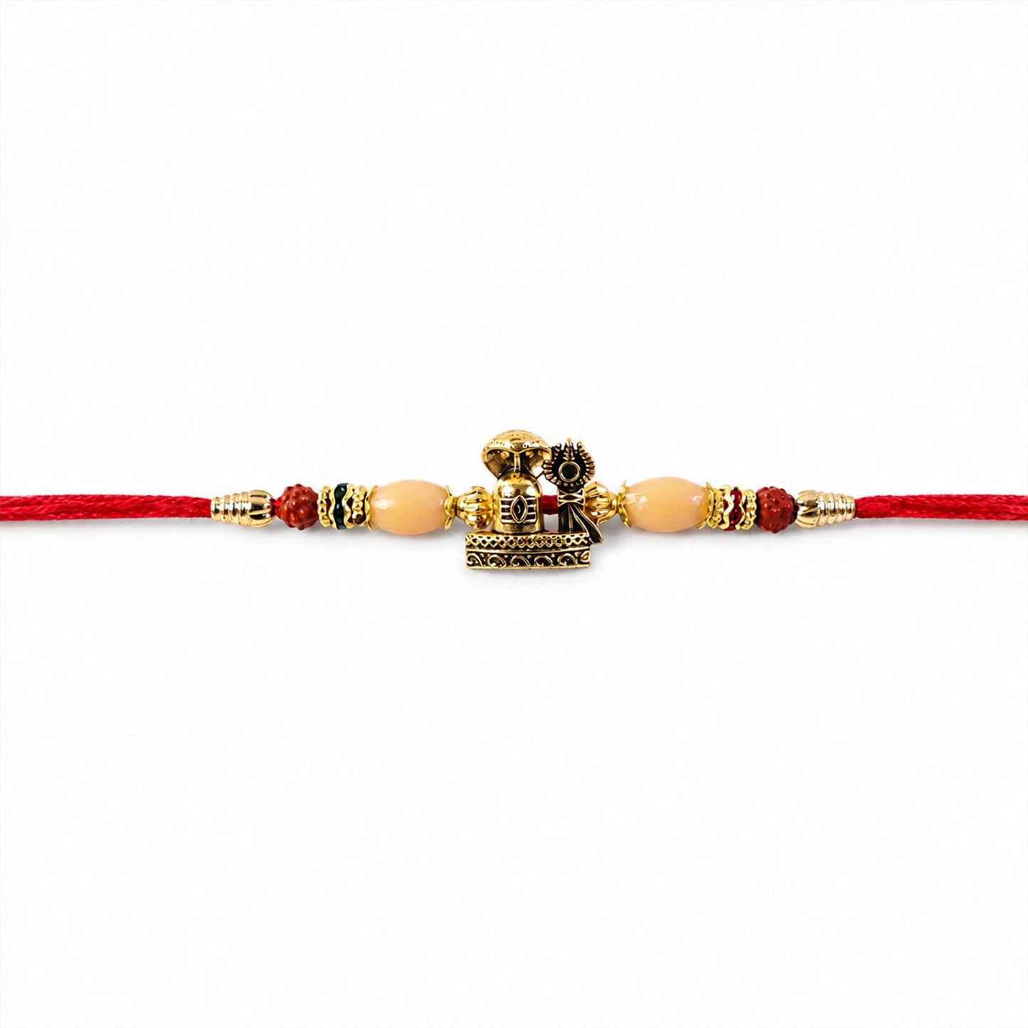 Beautiful antique gold Rakhi with spiritual Rudraksha beads, perfect for siblings