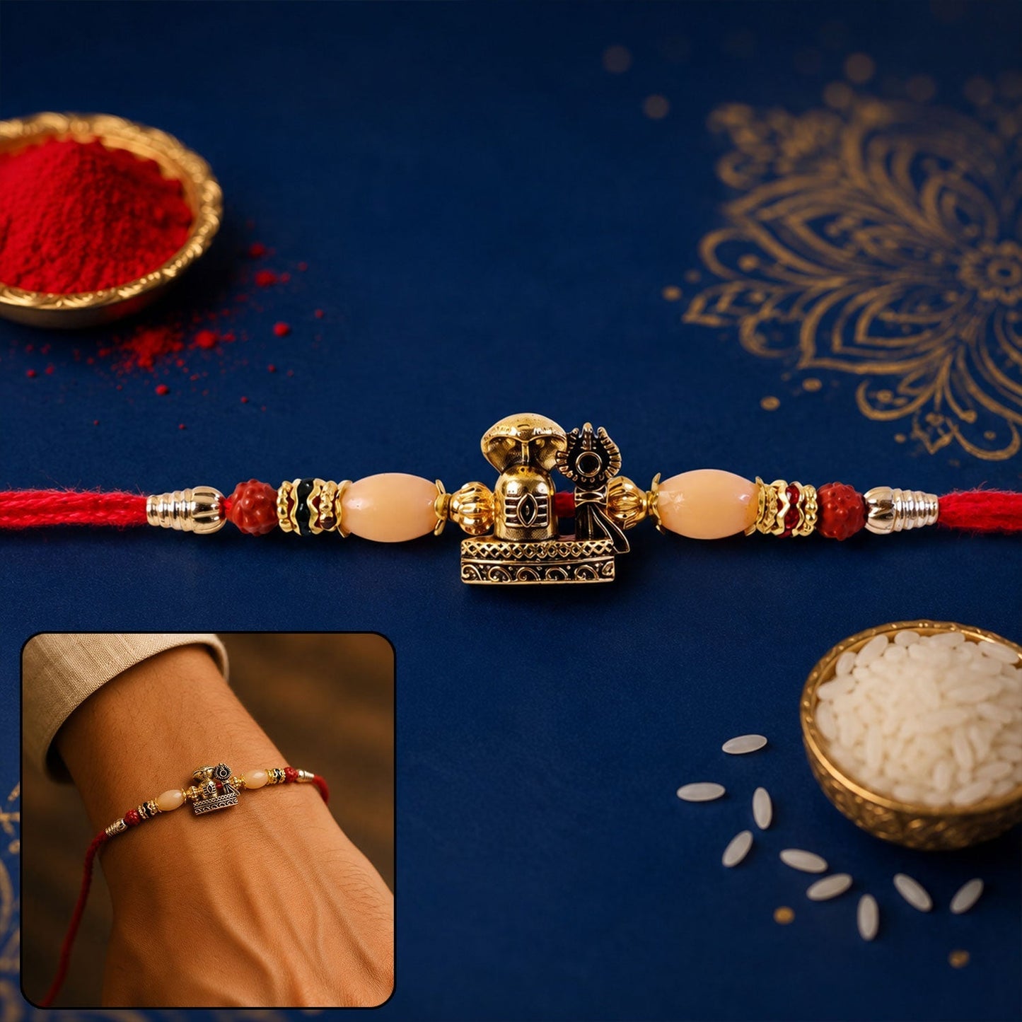 Antique gold Rakhi featuring Lord Vishnu and Rudraksha beads, perfect for Rakshabandhan celebrations