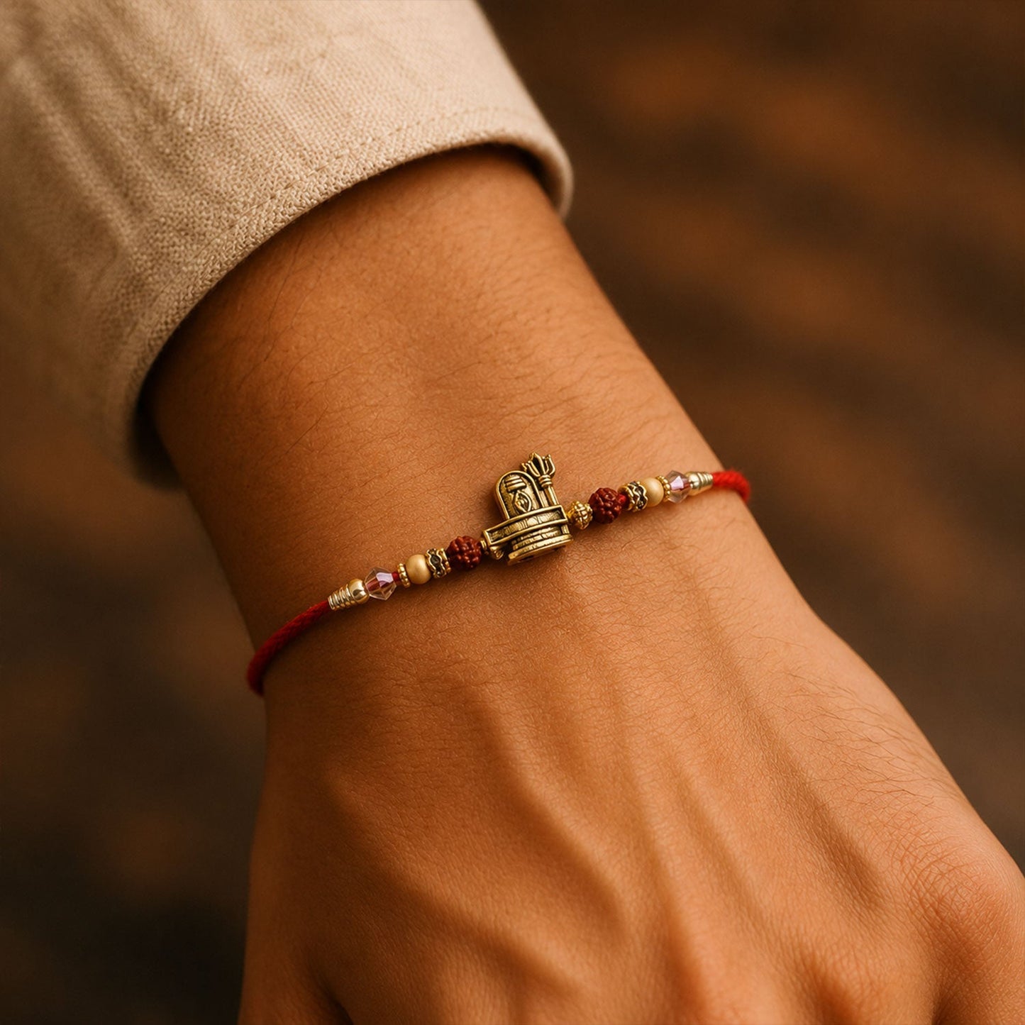 Close-up of decorated antique gold Rakhi featuring Shivling and Trishul motifs