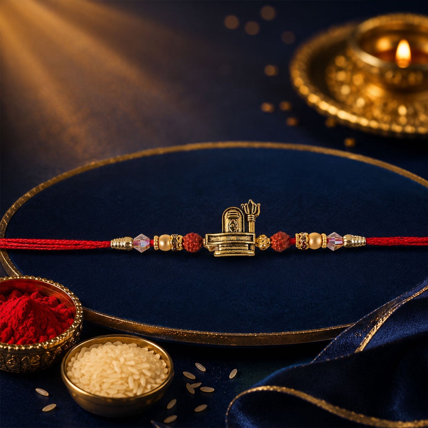 Stylish traditional Rakhi with elegant antique gold finish representing brother-sister bond