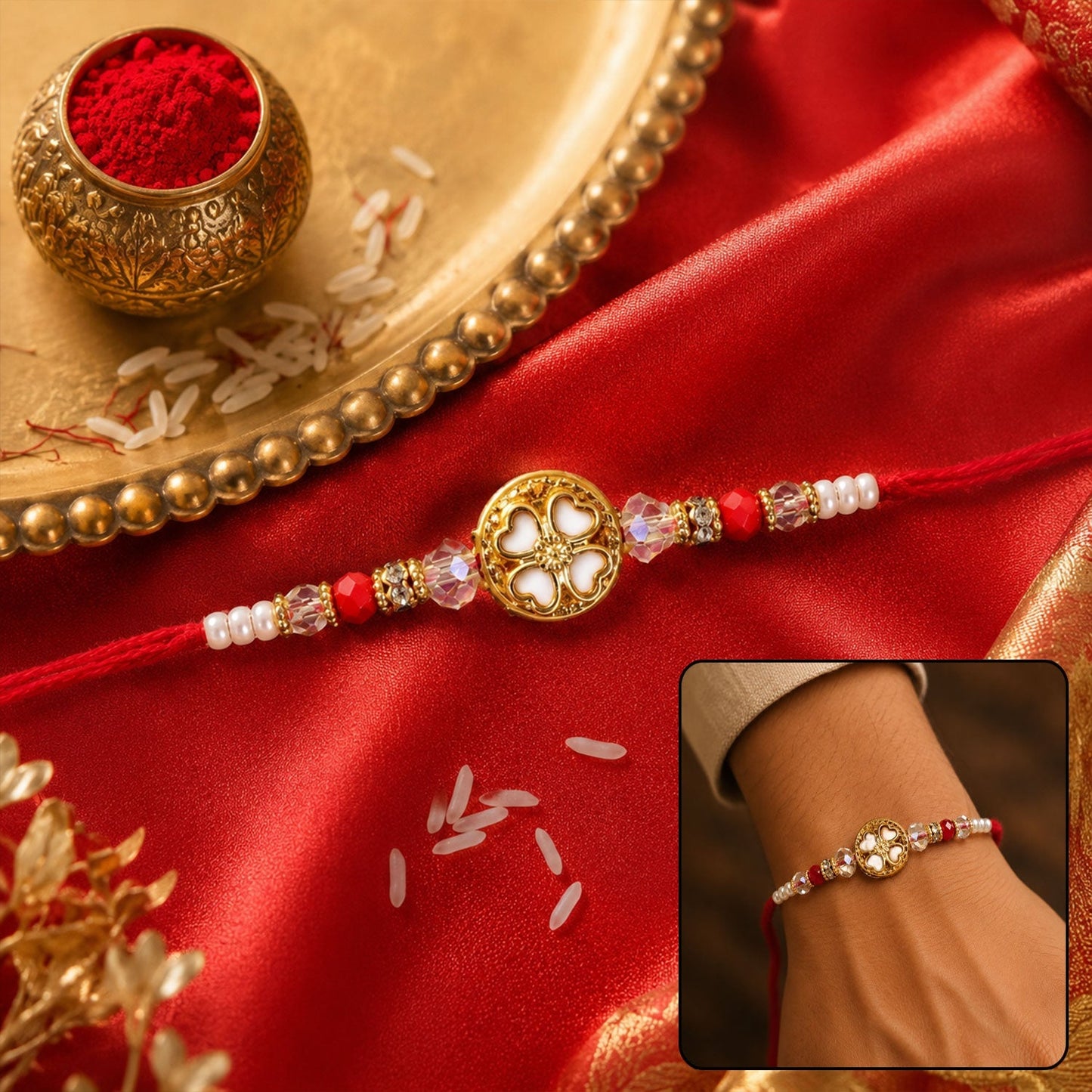 Golden floral design rakhi with red crystal beads for brother during Rakshabandhan