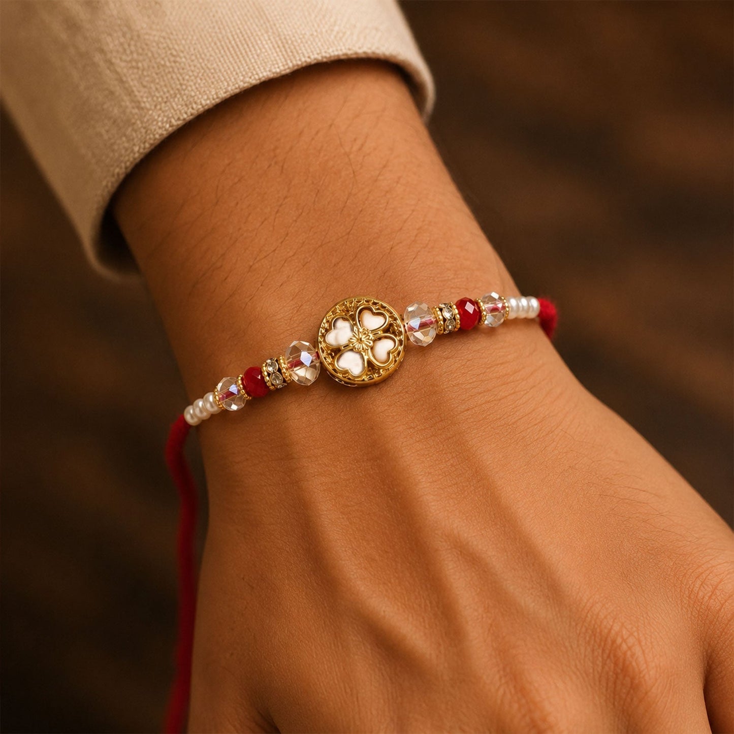 Close-up of intricate golden floral cutwork rakhi with red crystals