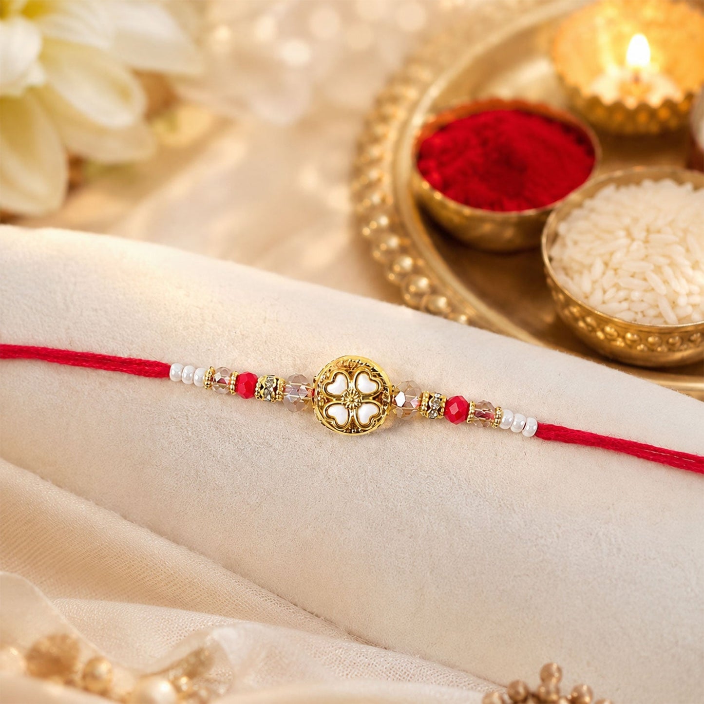 Elegant designer Rakhi with floral motif and crystal beads for Raksha Bandhan
