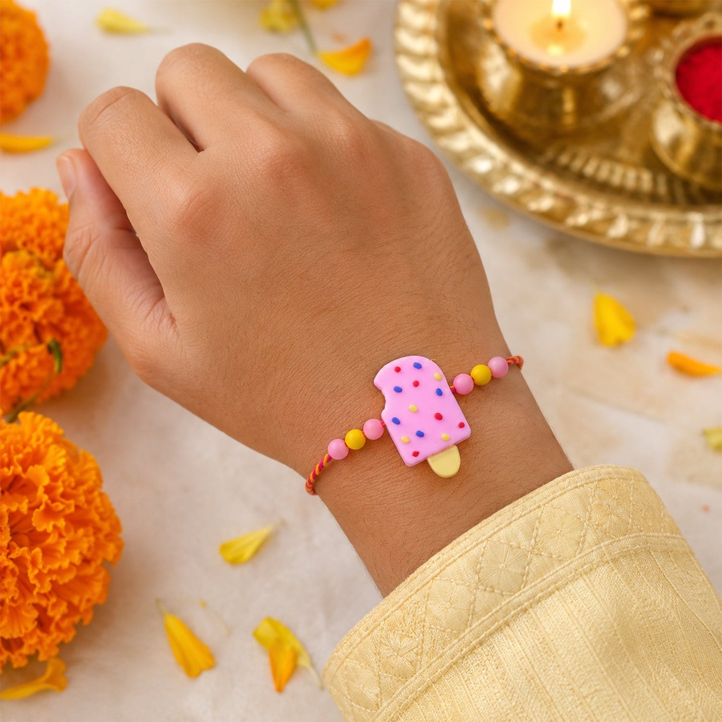 Close-up of handcrafted ice cream clay design on the Kids Rakhi.