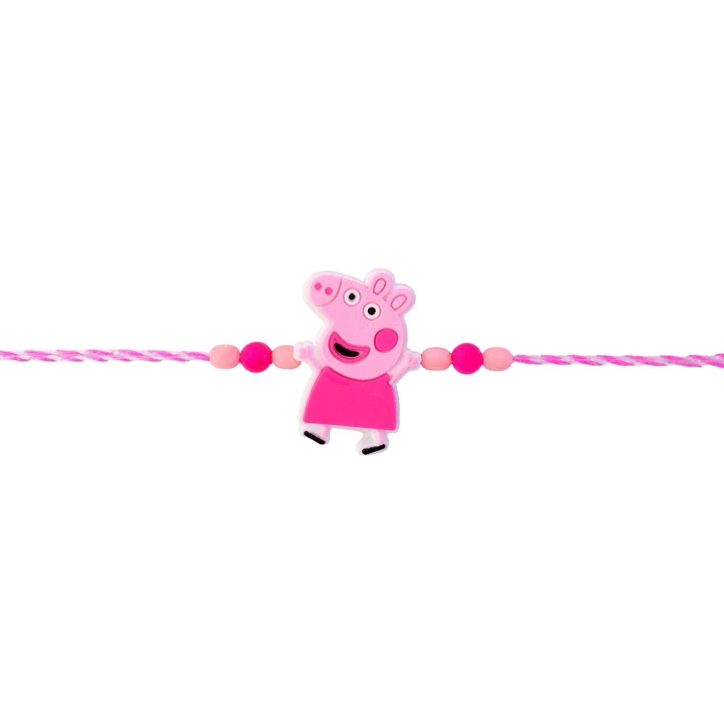 Cartoon character rakhi with pink beads from another angle, playful style