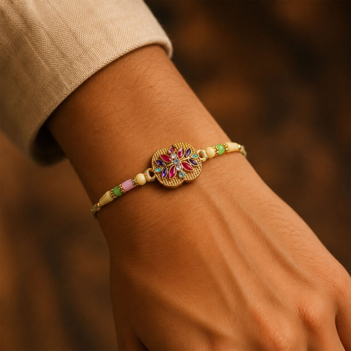 Elegant traditional rakhi with pearls and AD stones on a decorative background