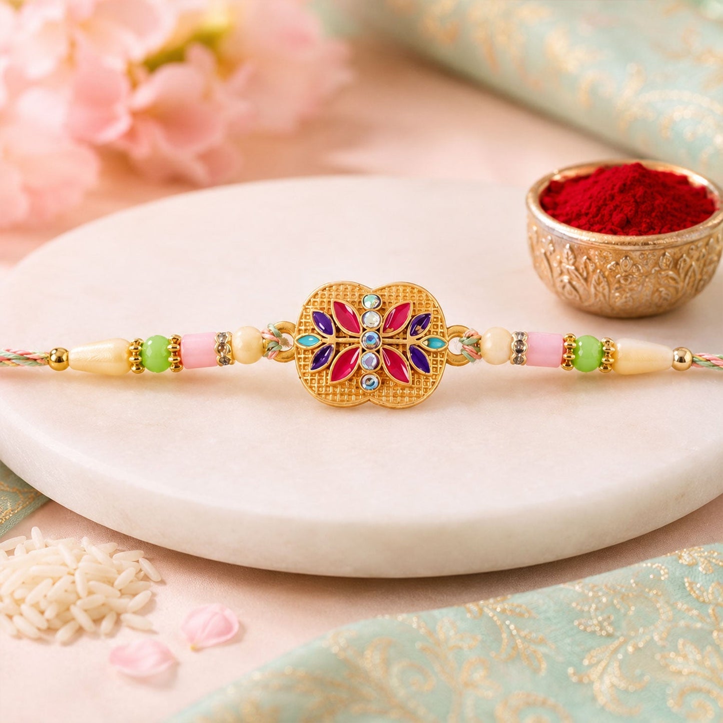 Close-up of intricate meenakari floral design on the rakhi