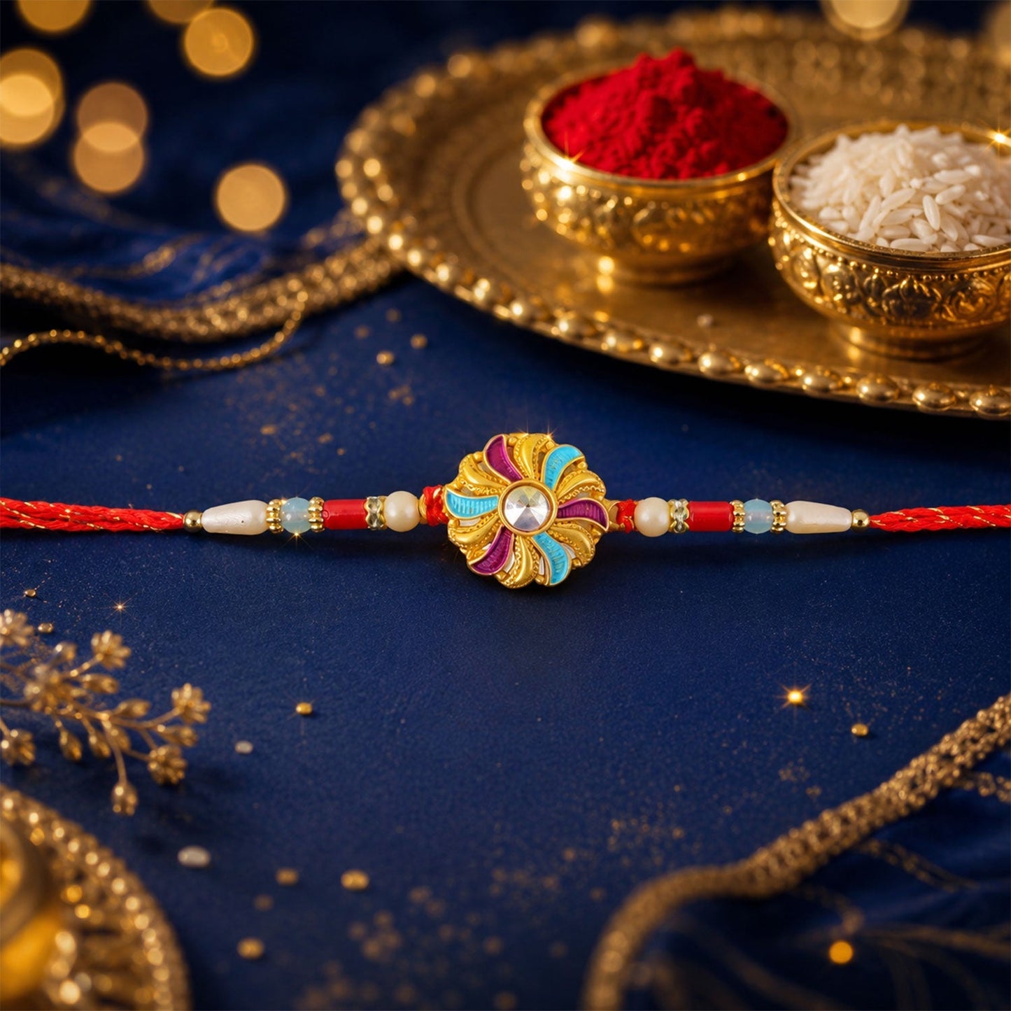 Stylish pinwheel design Rakhi with sparkling stones ideal for Raksha Bandhan