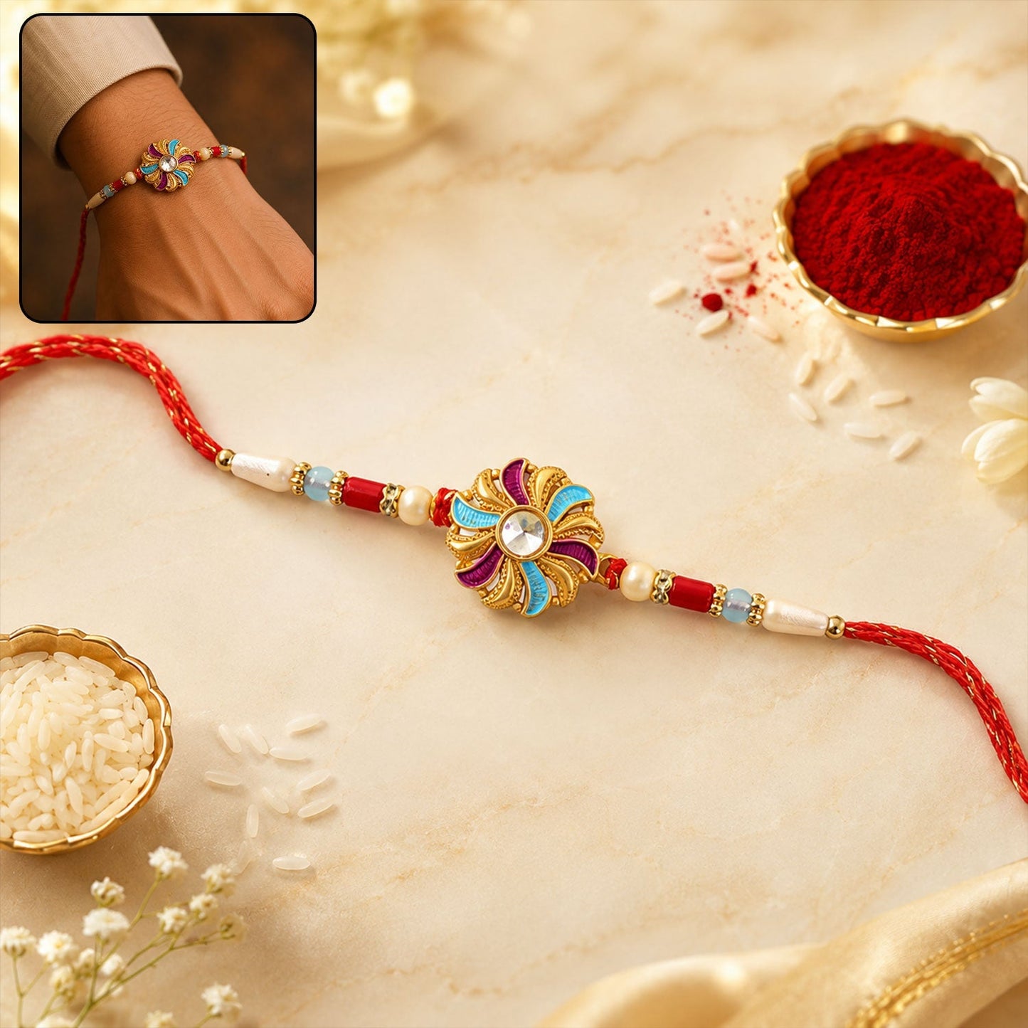 Golden Meenakari Pinwheel Rakhi featuring enamel and diamond accents