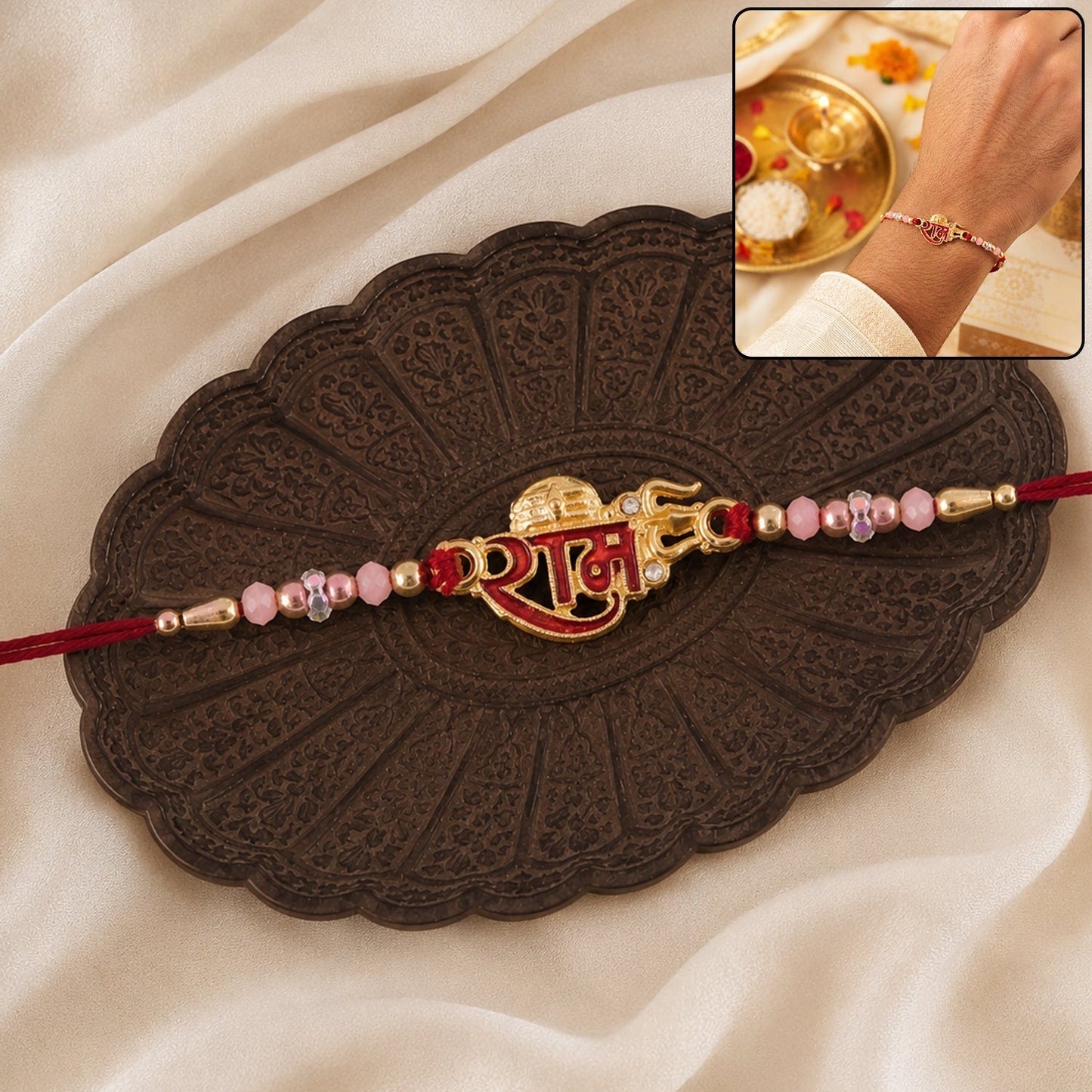 Golden Ram Rakhi with meenakari and pink crystal beads, traditional festival accessory