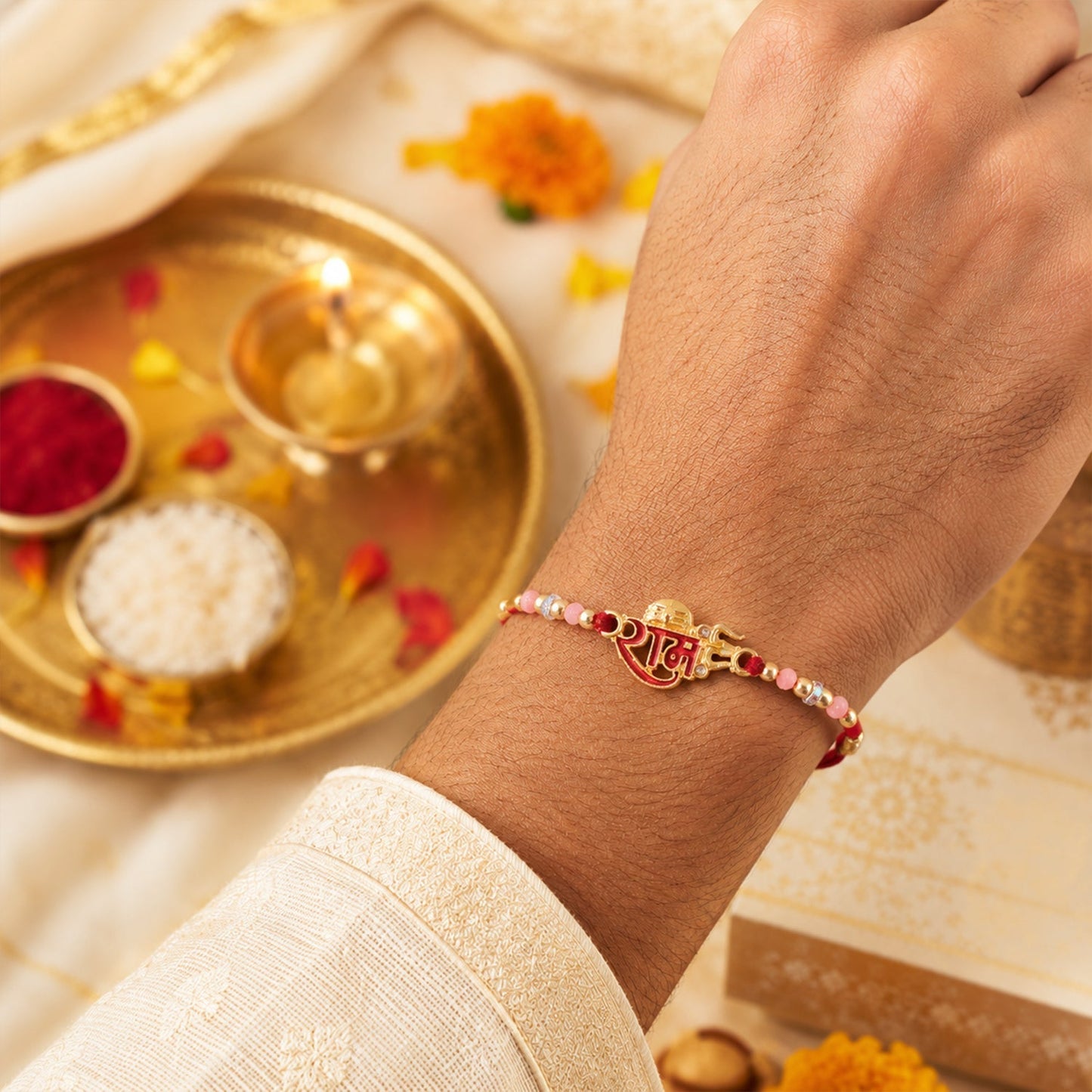 Close-up of the intricate meenakari work on Golden Ram Rakhi with pink beads