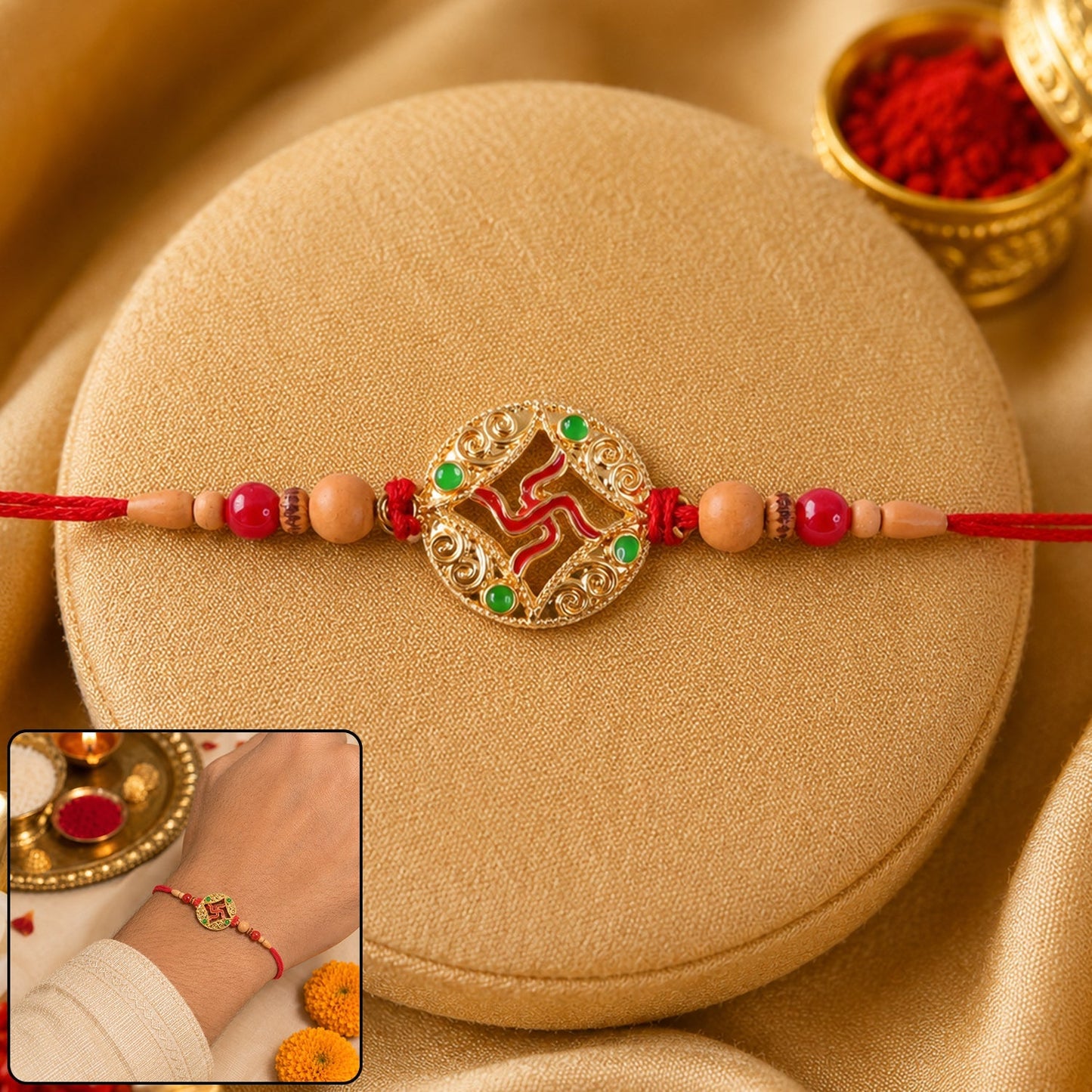 Golden Swastik Rakhi with wooden and red beads for brother