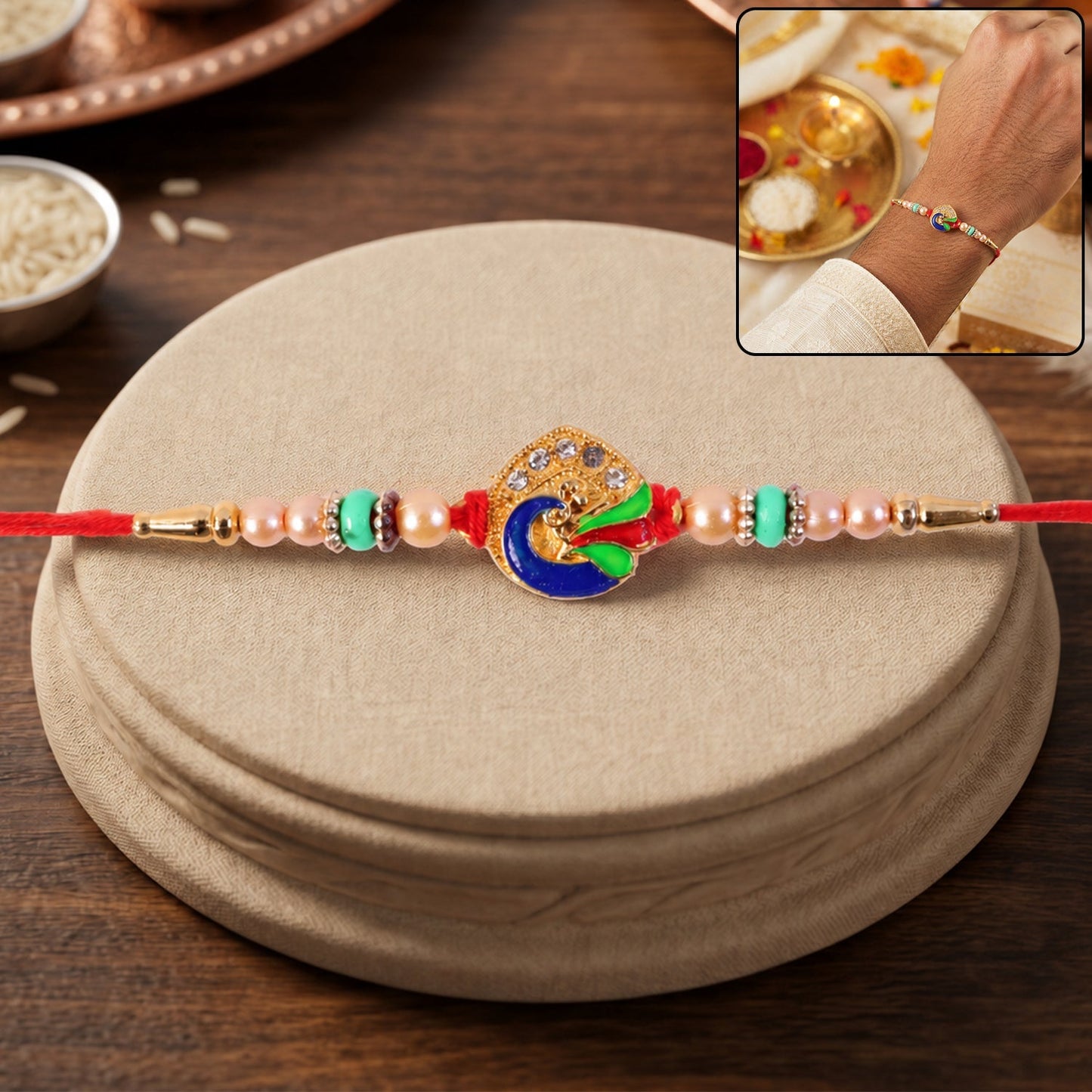Golden meenakari peacock Rakhi with pearl and turquoise beads for brothers