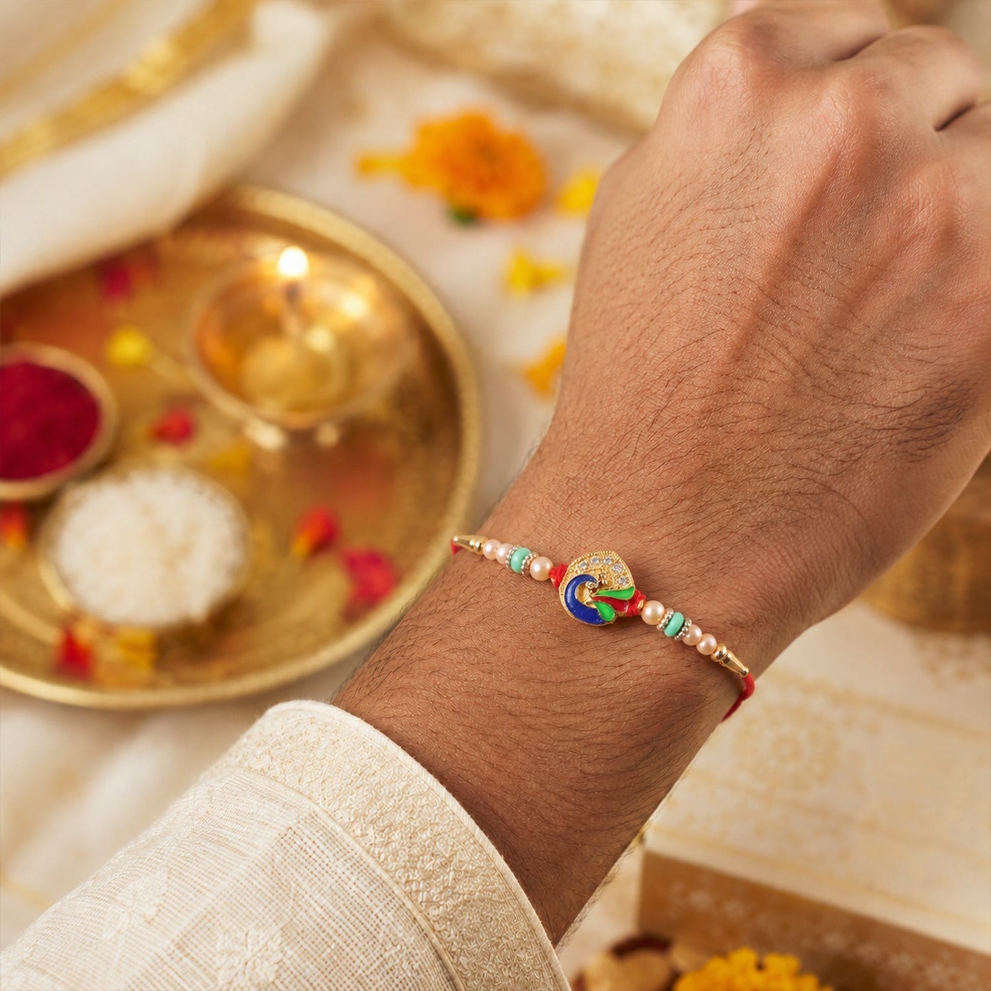 Designer meenakari Rakhi featuring peacock motif and beads for Raksha Bandhan