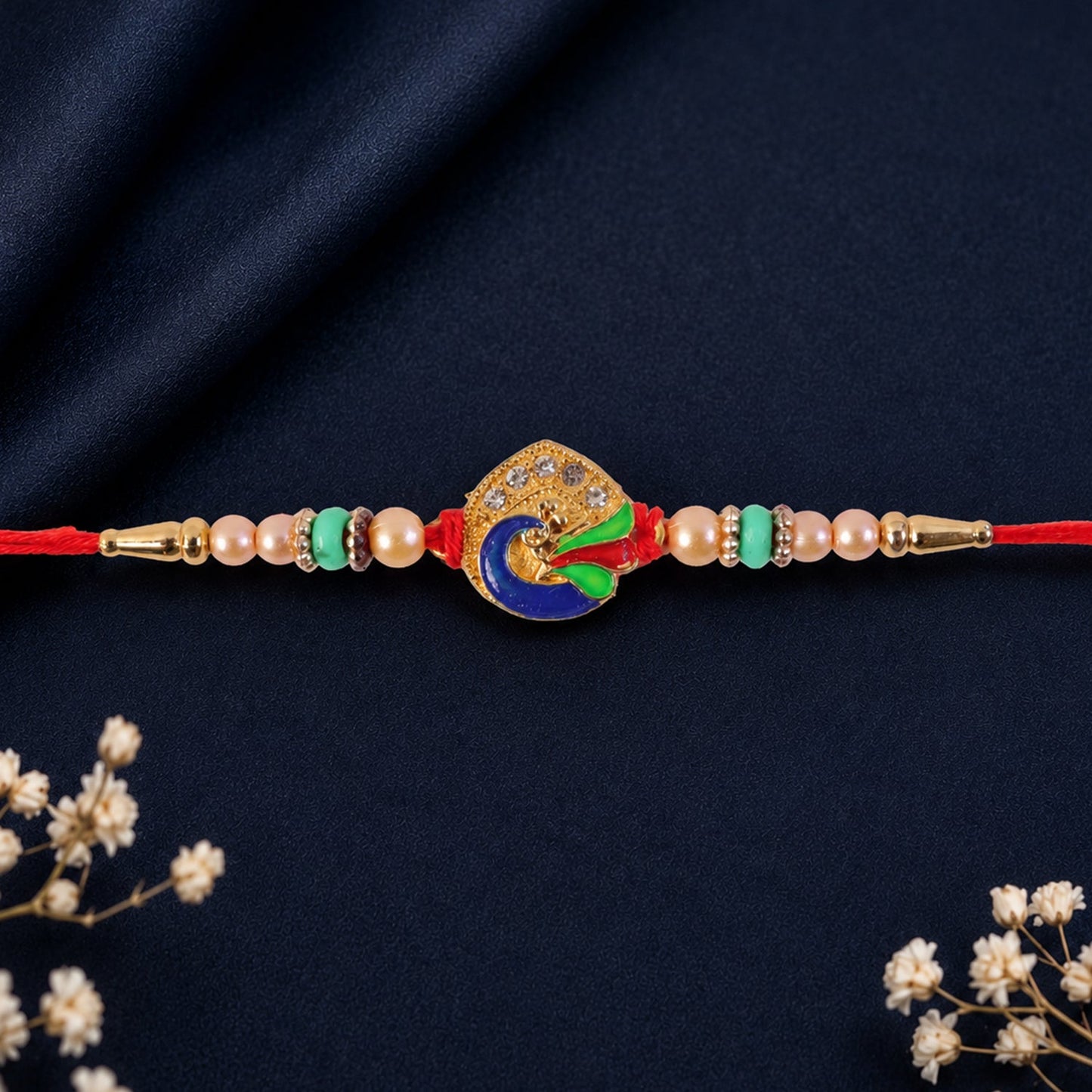 Colorful meenakari Rakhi with peacock design and decorative beads
