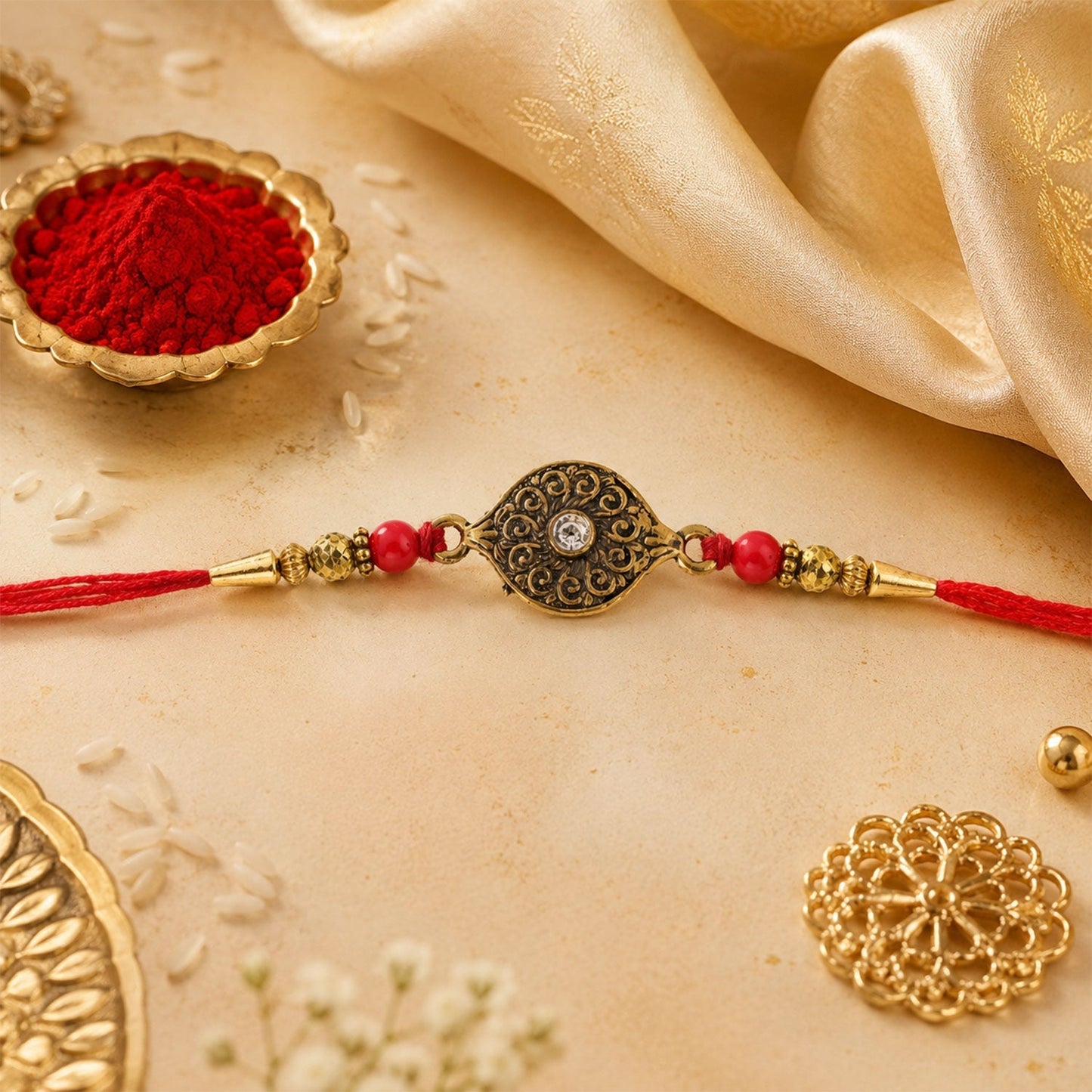 Close-up of tied antique oval Rakhi with thread