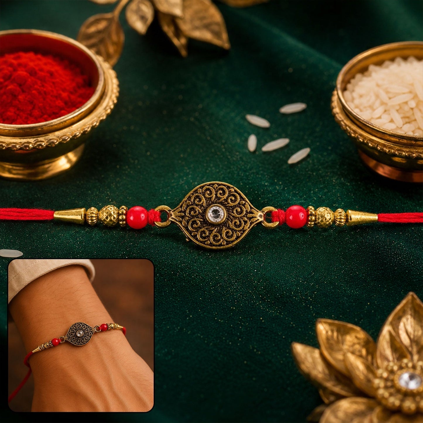 Antique oval Rakhi with red crystal beads viewed from top