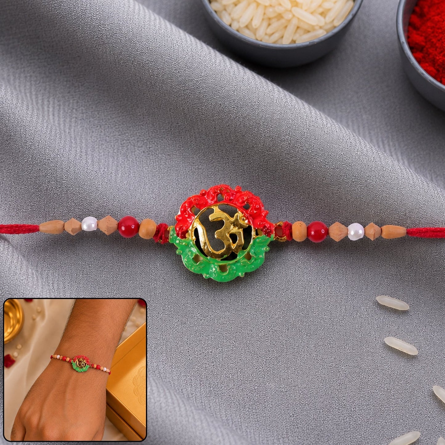 Elegant Sacred Om Meenakari Rakhi with pearl beads for Rakshan Bandhan