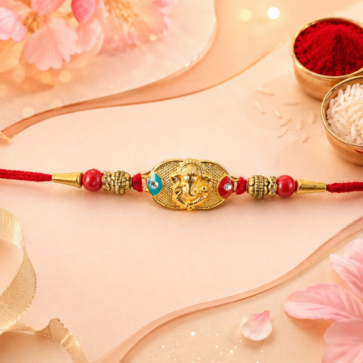 Golden Lord Ganesha Rakhi next to festive items