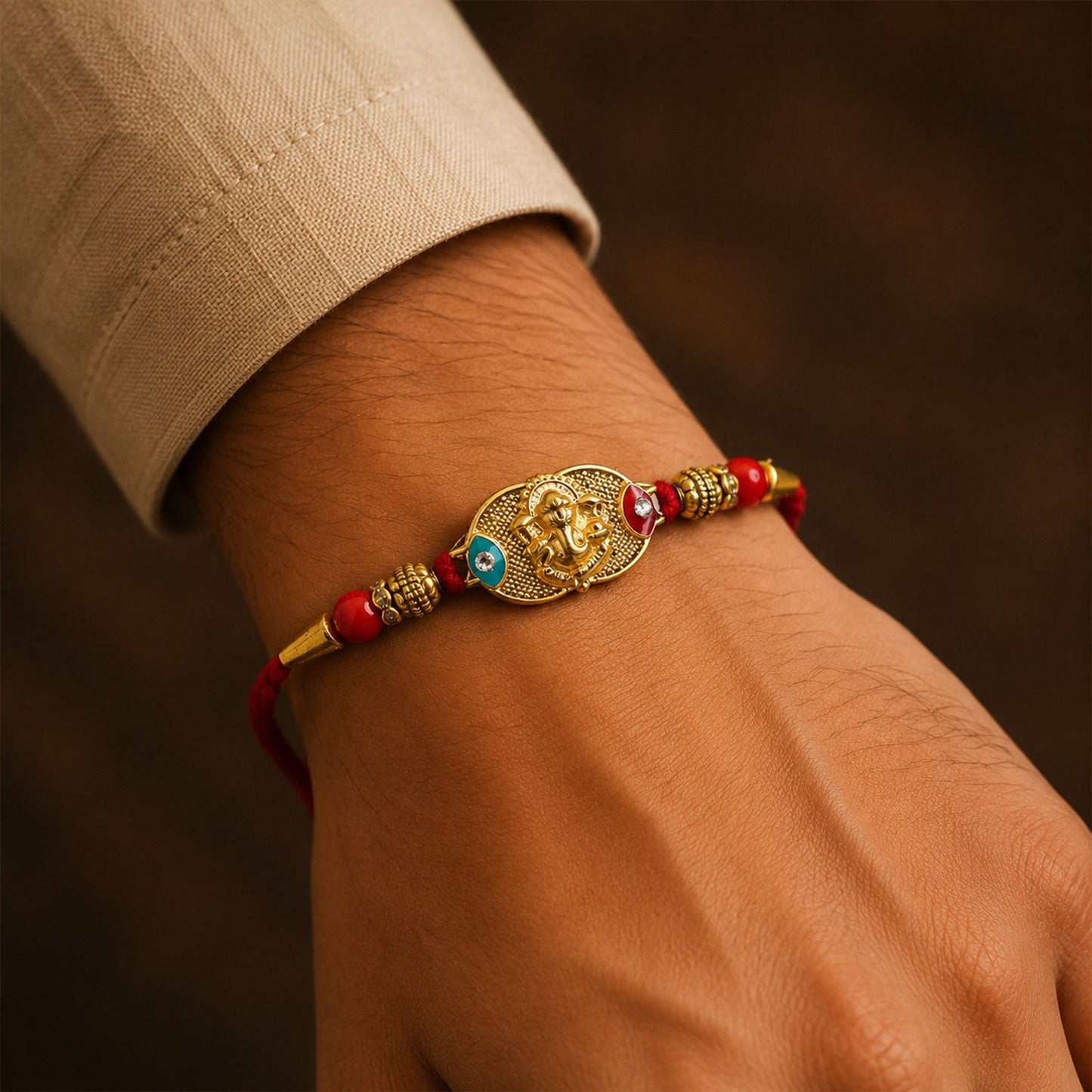 Close-up of detailed Golden Lord Ganesha oval Rakhi with beads