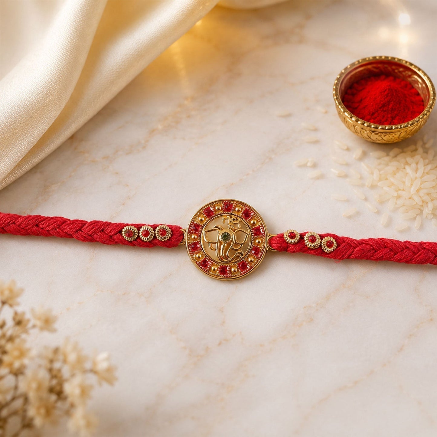 Designer Ganesha Rakhi with vibrant red bead, perfect for Raksha Bandhan