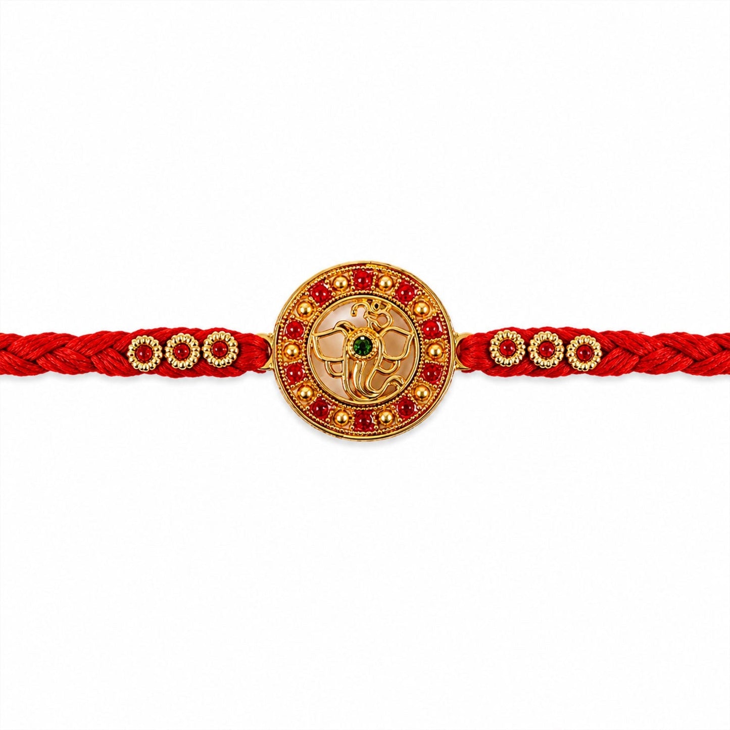 Beautiful gold and red Ganesha Rakhi for sibling celebration