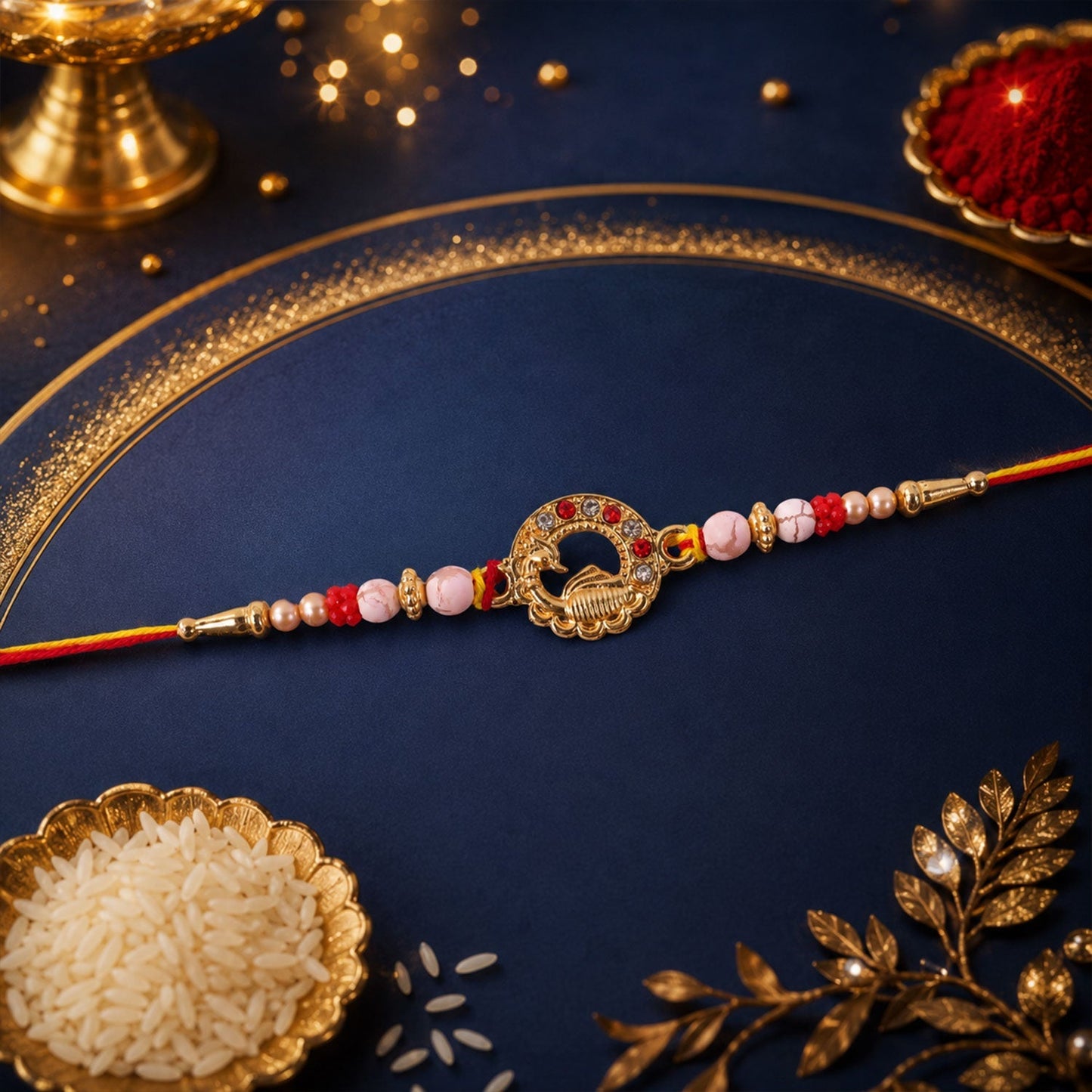 Close-up of golden peacock motif on rakhi.