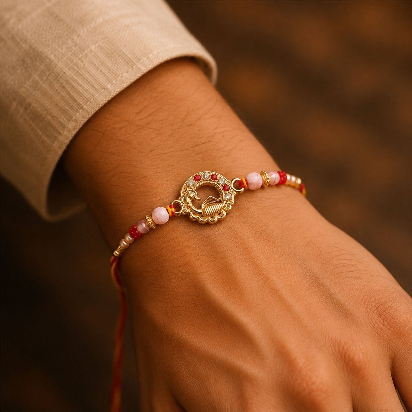 Designer rakhi showcasing a golden peacock with pearls & red beads, side view.