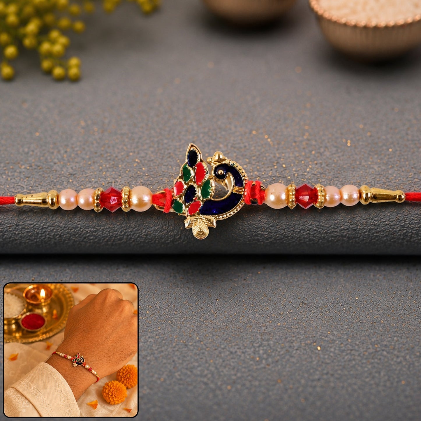 Blue Meenakari peacock Rakhi with pearl and crystal beads, traditional brother gift