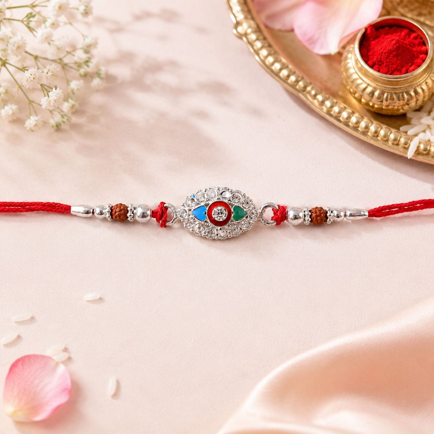 Top view of silver stone designer Rakhi with beads