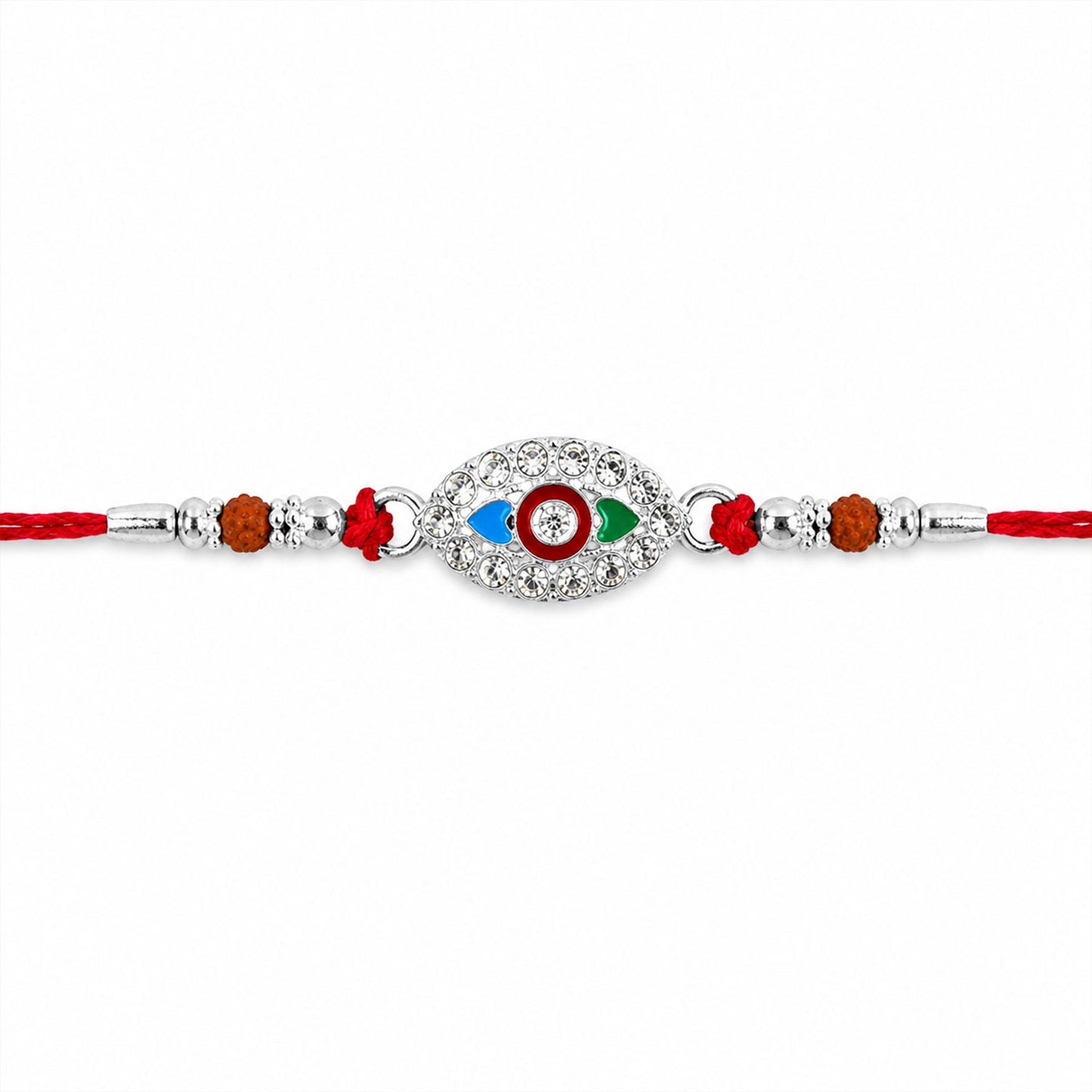 Elegant silver stone and bead Rakhi on festive surface