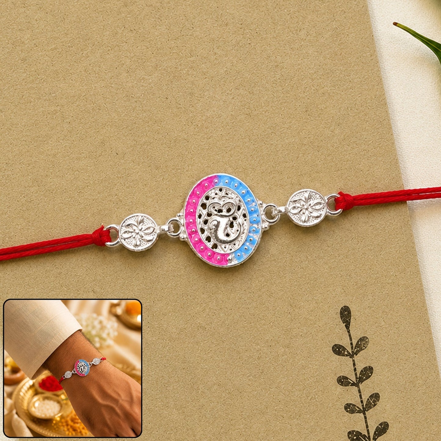 Silver Meenakari Rakhi with pink and blue enamel detailing, stylish traditional design