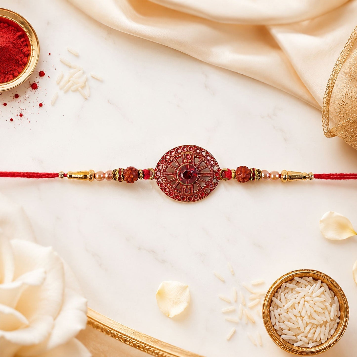 Elegant red crystal floral rakhi with pearl beads for sibling gift