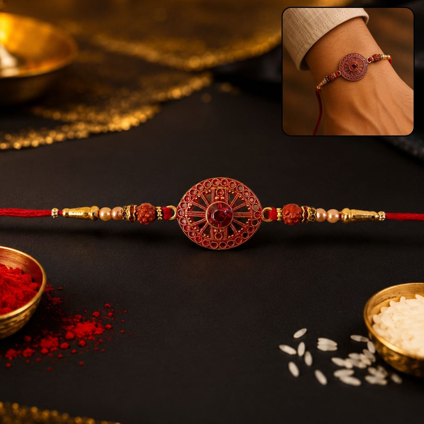Red crystal floral rakhi with pearl and rudraksha beads, perfect for Raksha Bandhan