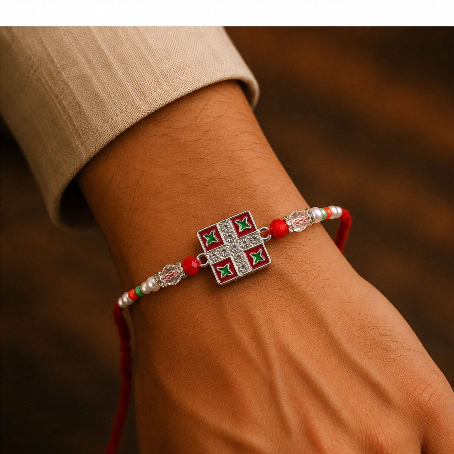 Designer Silver Square Meenakari Rakhi with intricate patterns and beads