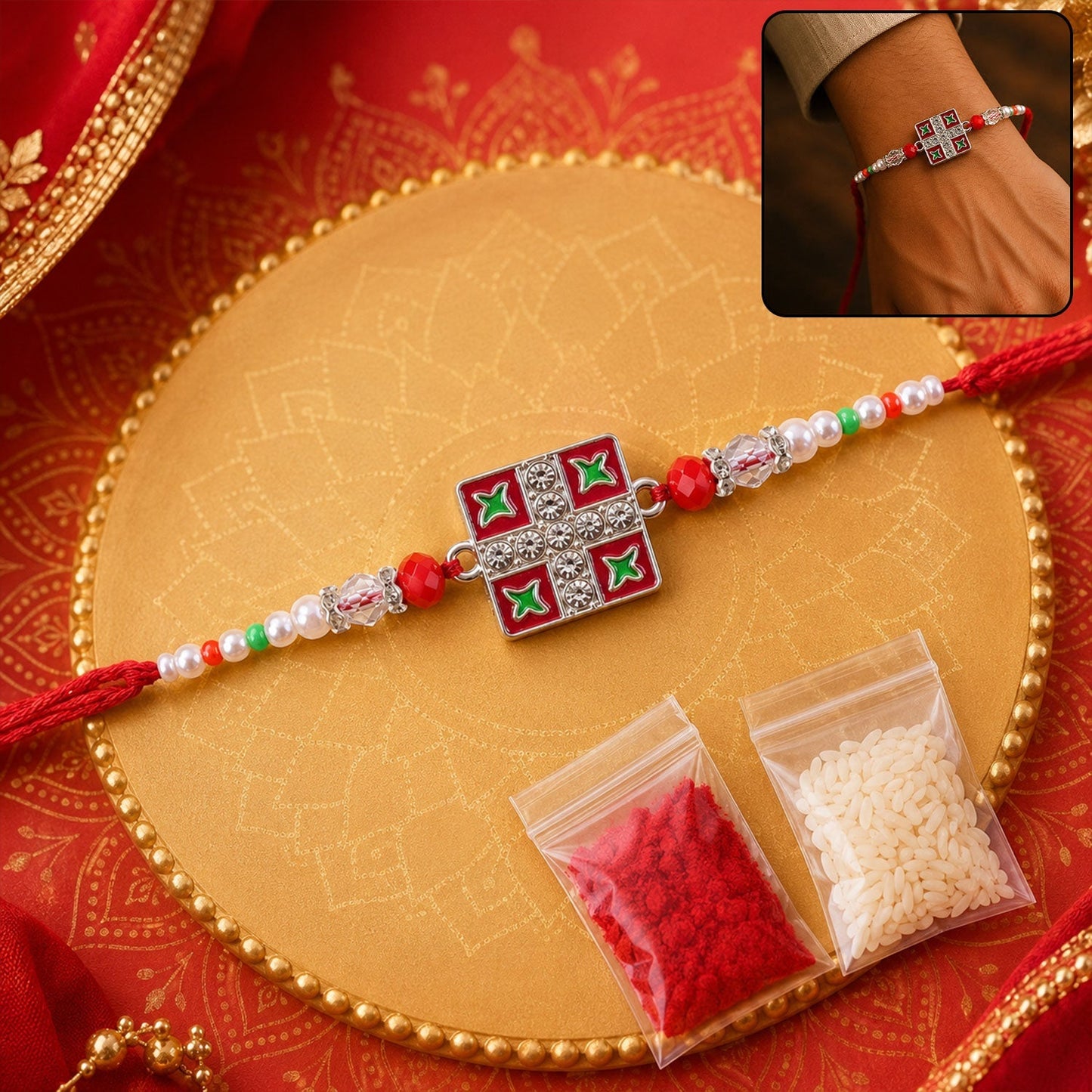 Close-up of Silver Square Meenakari Rakhi with crystal and pearl beads