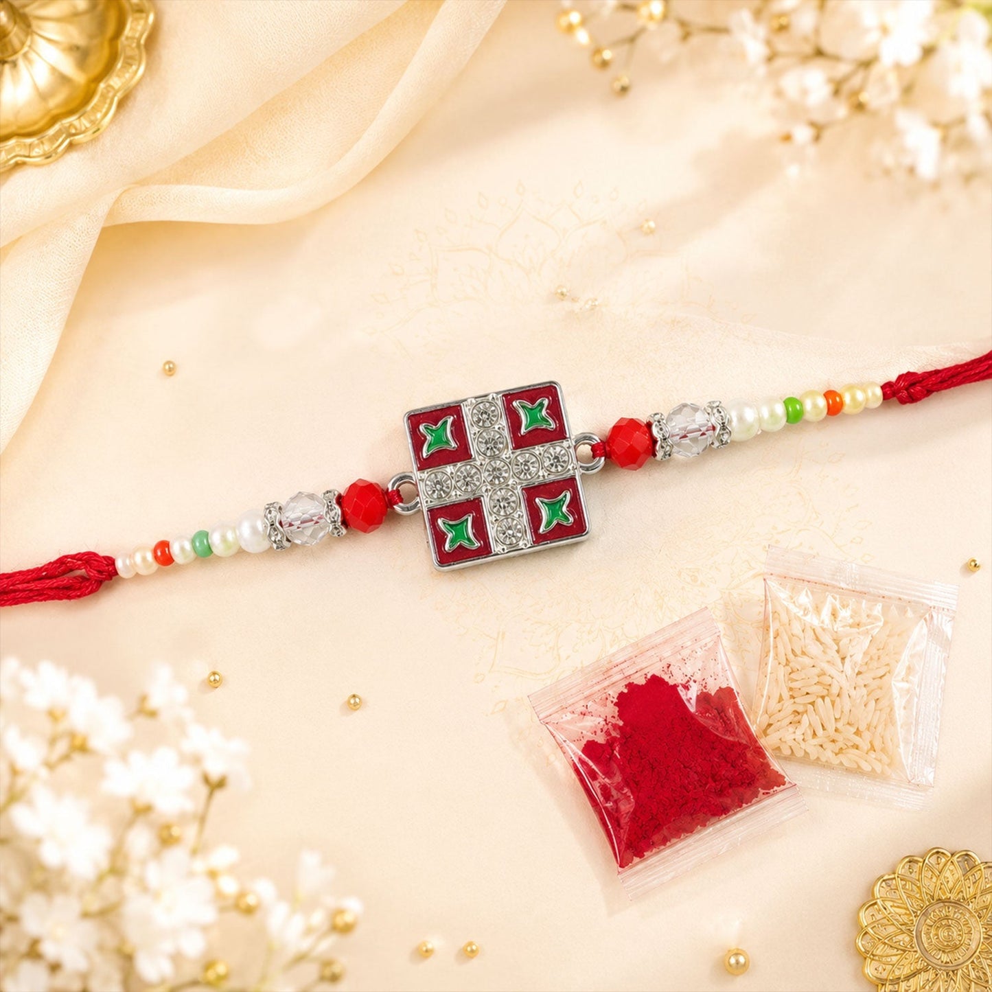 Beautiful Silver Rakhi with pearl and crystal embellishments