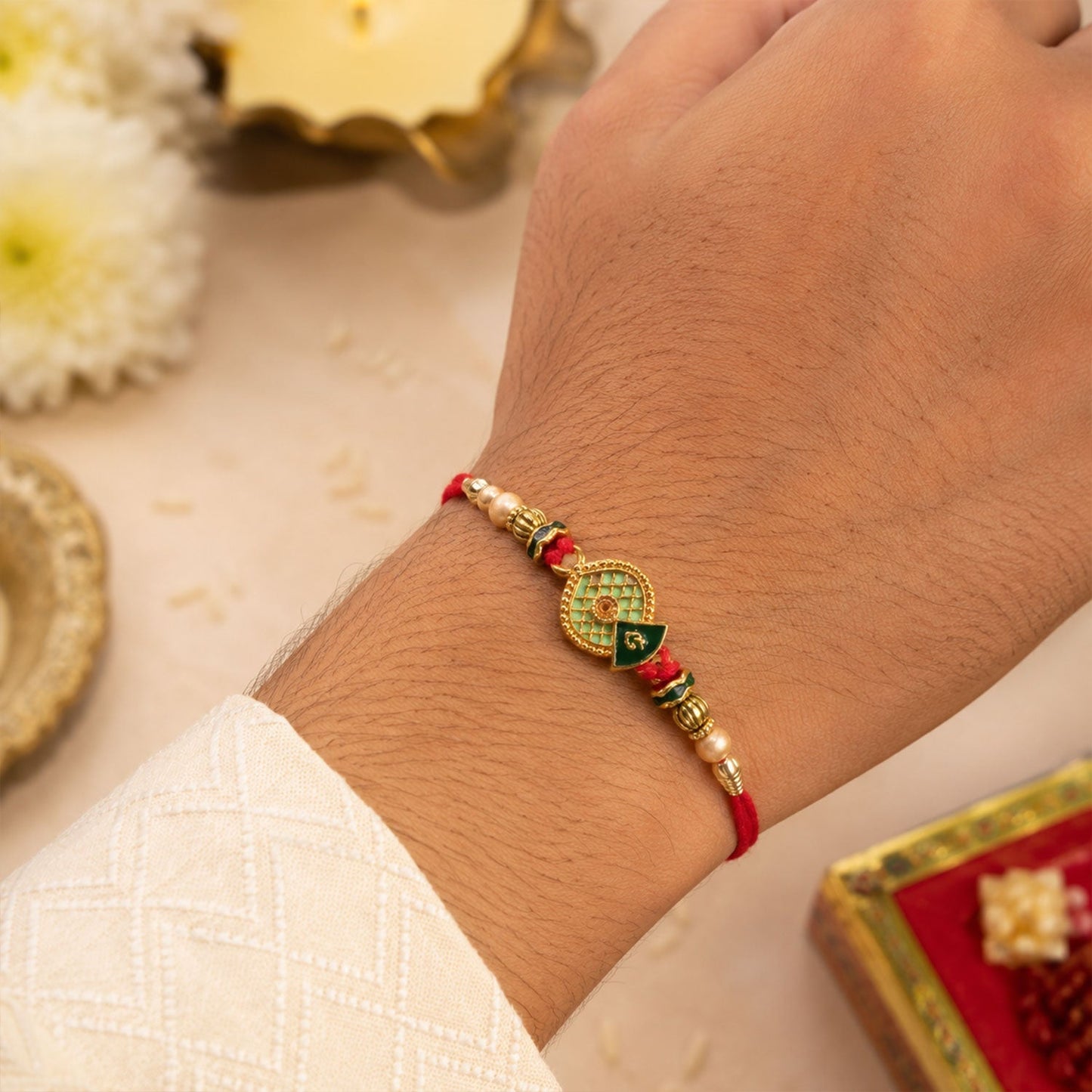 Decorative meenakari pearl beads rakhi for Bhabhi, festival gift idea