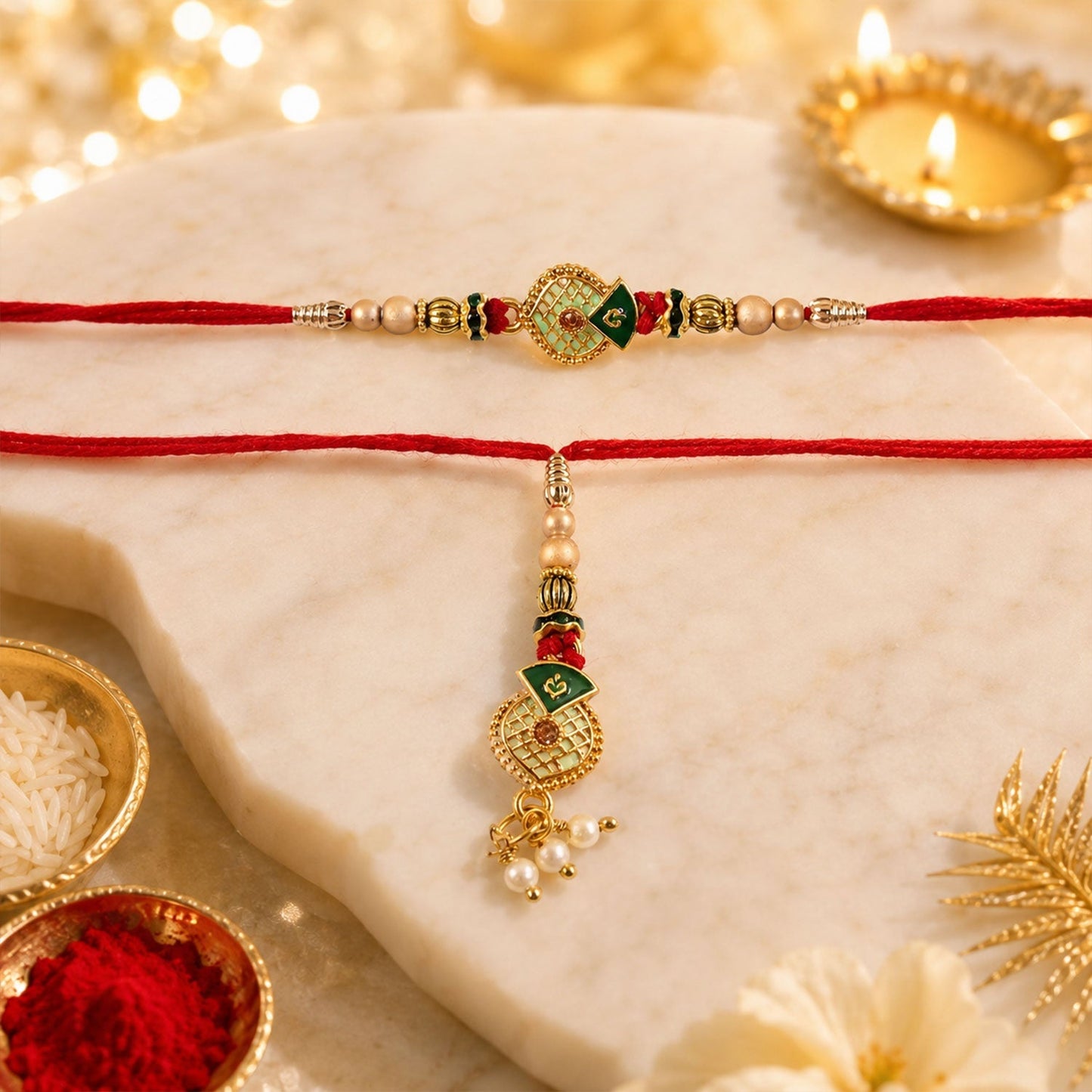 Stylish pearl bead meenakari rakhi suitable for Bhabhi during festivals