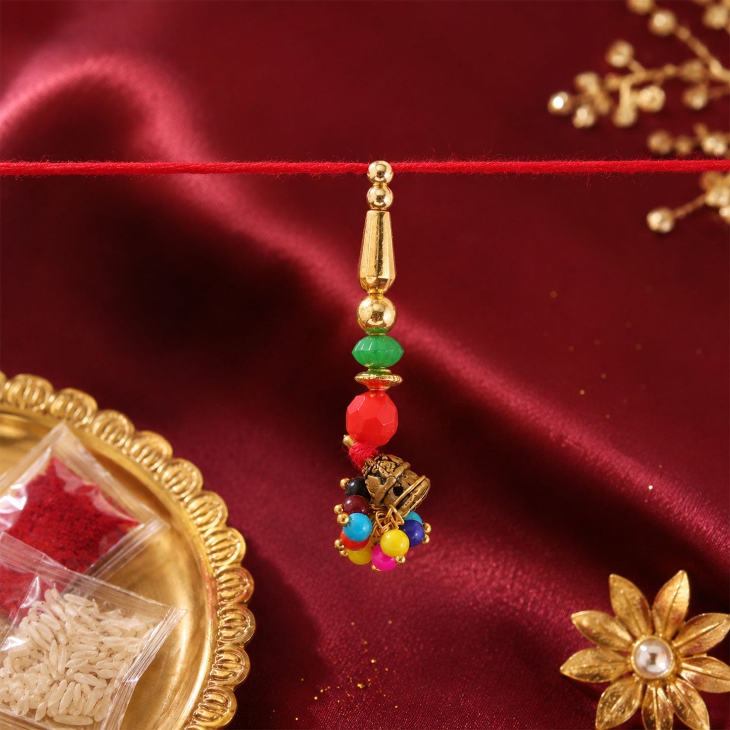 Colourful bead charm rakhi with intricate design for sibling gift festival