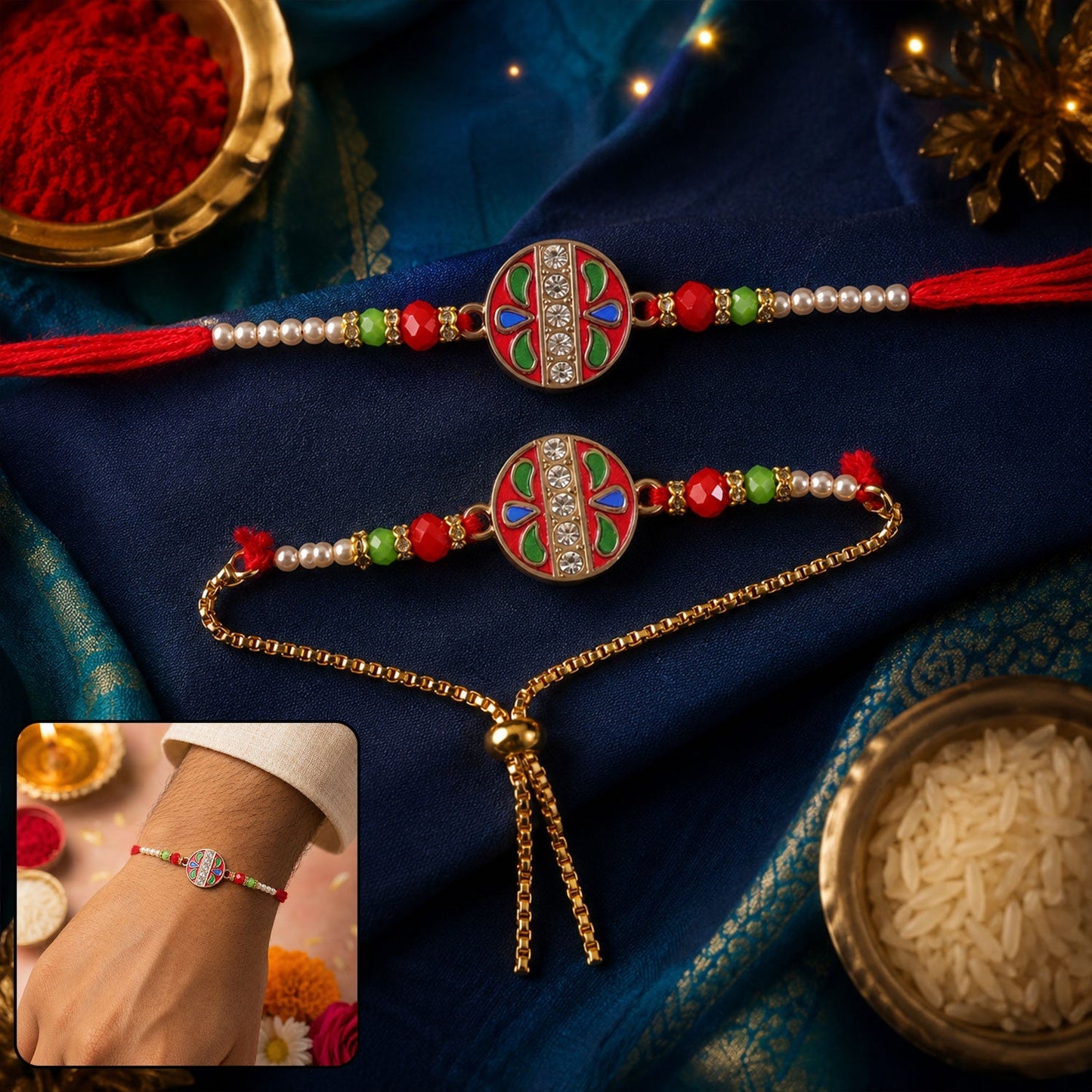 Stylish traditional meenakari Bhabhi Rakhi with festive appeal for Rakshabandhan.